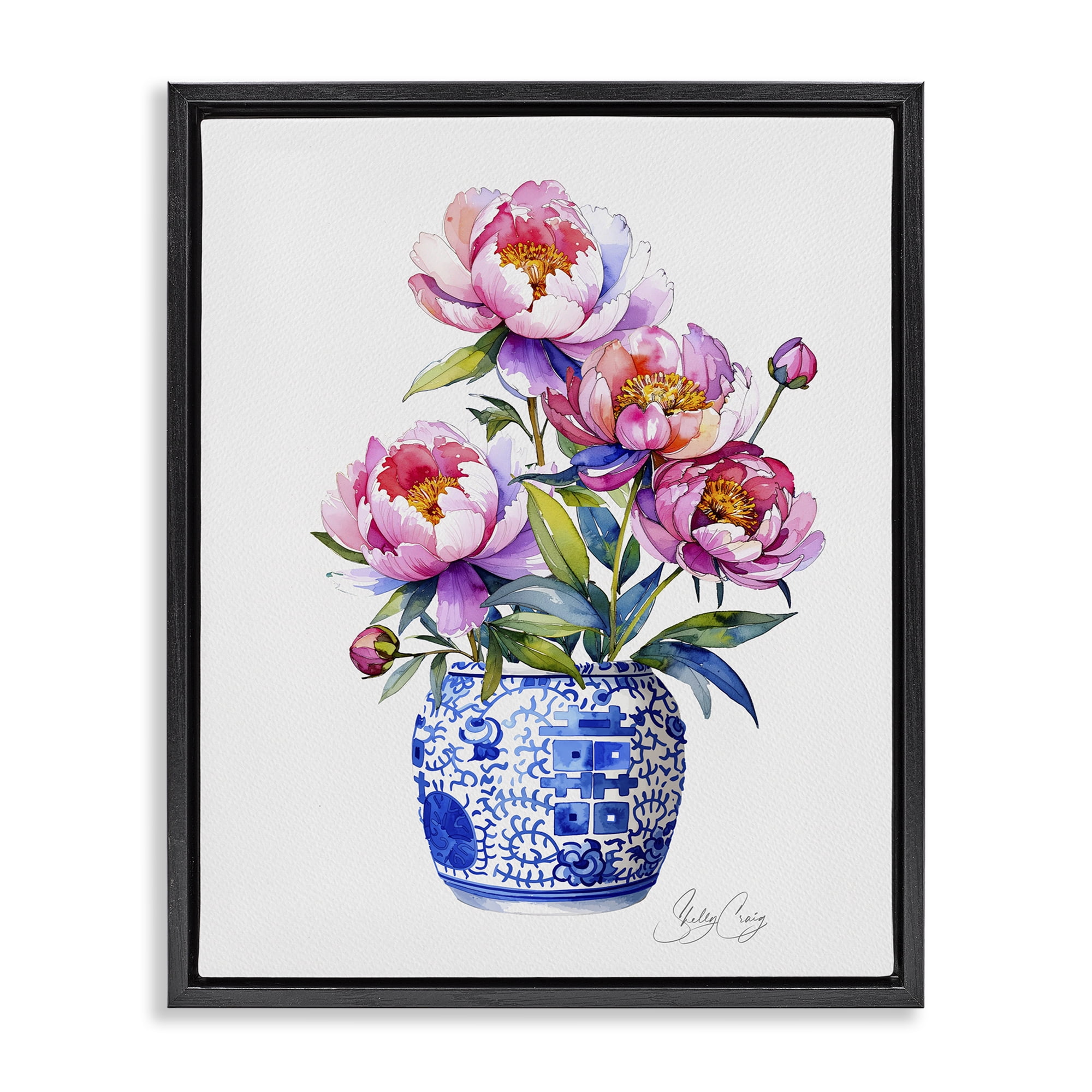 Stupell Industries Blue Dynasty Blooms Black Framed Floater Canvas Wall Art, design by Shelly Craig