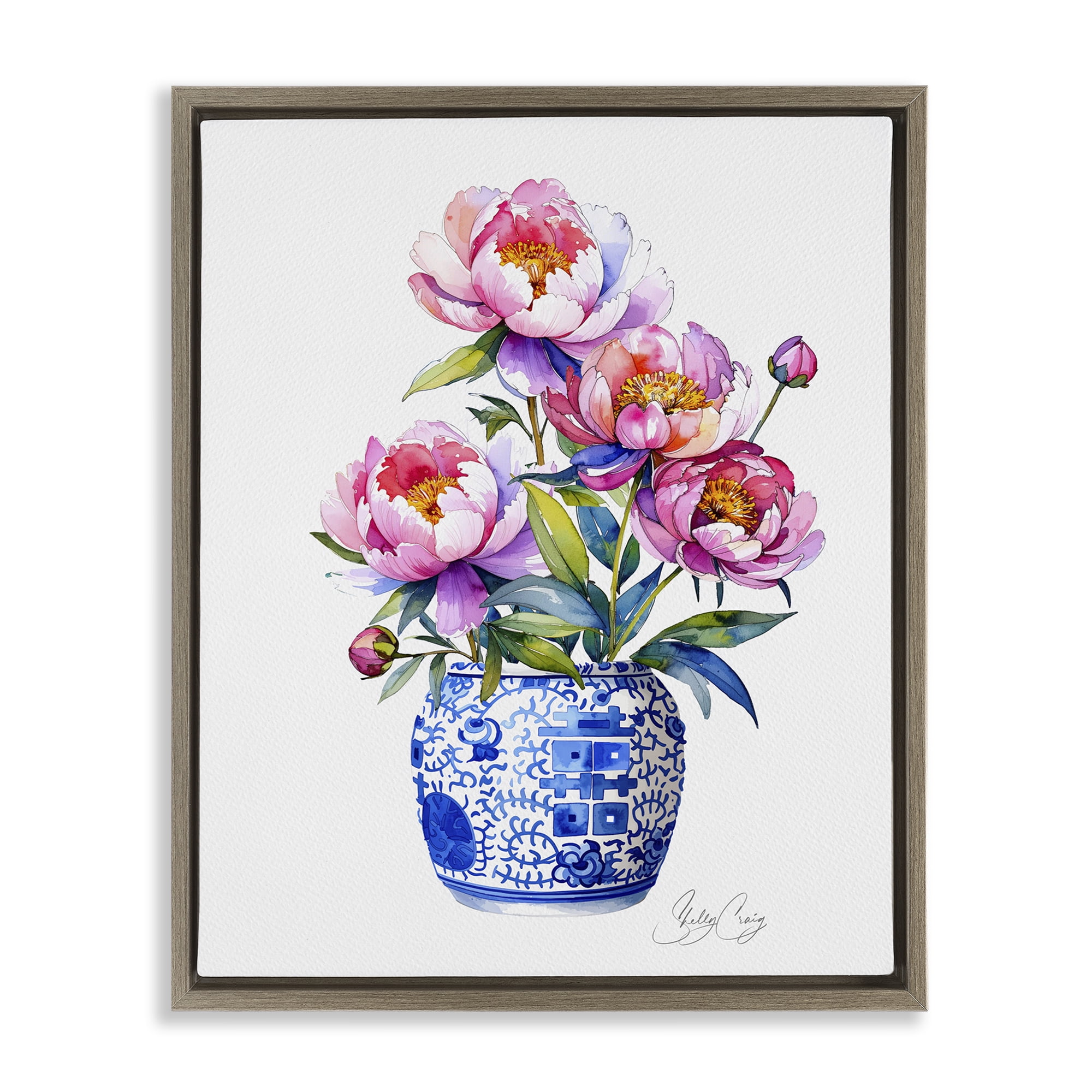Stupell Industries Blue Dynasty Blooms Brown Framed Floater Canvas Wall Art, design by Shelly Craig