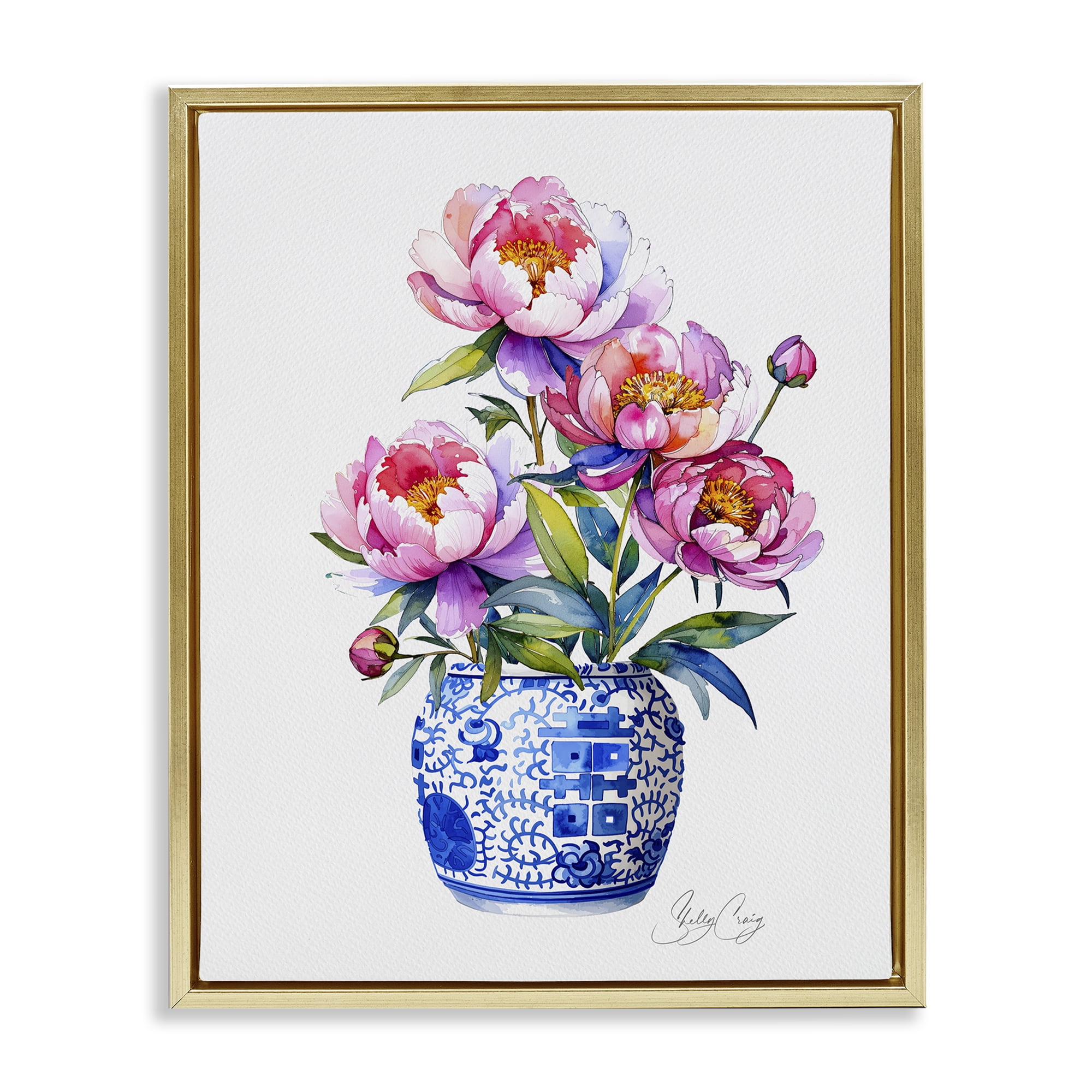 Stupell Industries Blue Dynasty Blooms Gold Framed Floater Canvas Wall Art, design by Shelly Craig