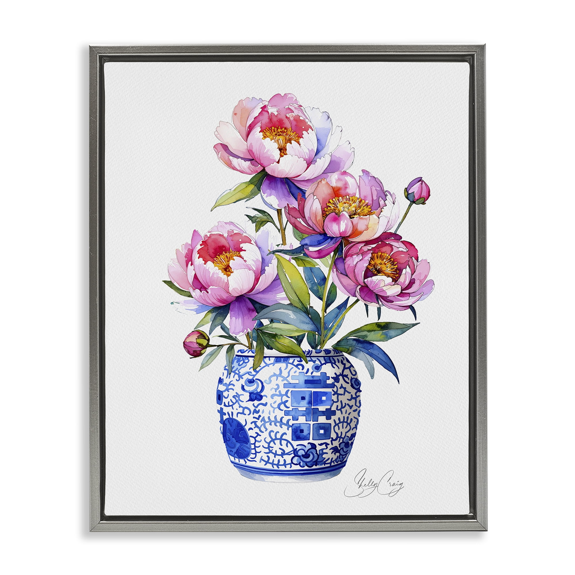 Stupell Industries Blue Dynasty Blooms Gray Framed Floater Canvas Wall Art, design by Shelly Craig