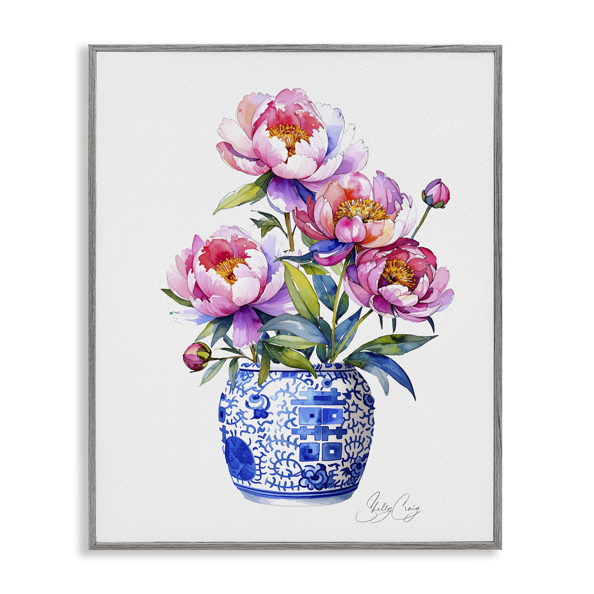 Stupell Industries Blue Dynasty Blooms Gray Framed Giclee Art, design by Shelly Craig