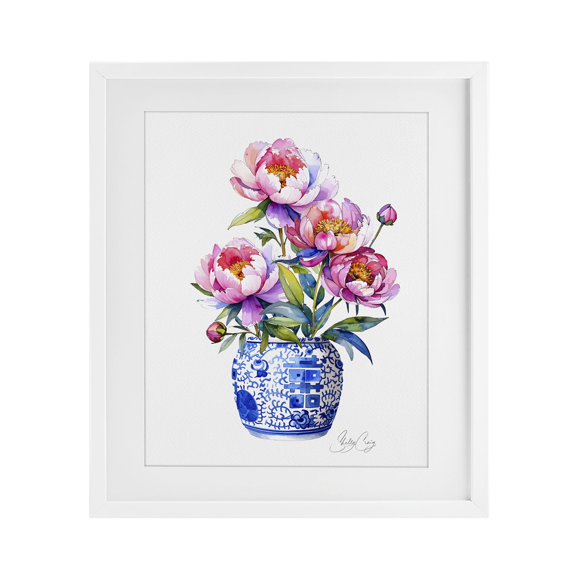 Stupell Industries Blue Dynasty Blooms White Framed Print Under Glass, design by Shelly Craig