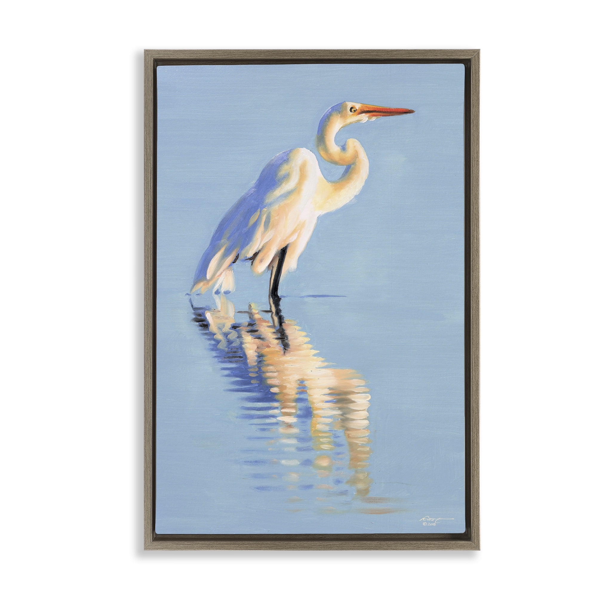 Stupell Industries Blue Egret Reflection Animals & Insects Painting Brown Floater Framed Canvas Art Print Wall Art, 21 x 31