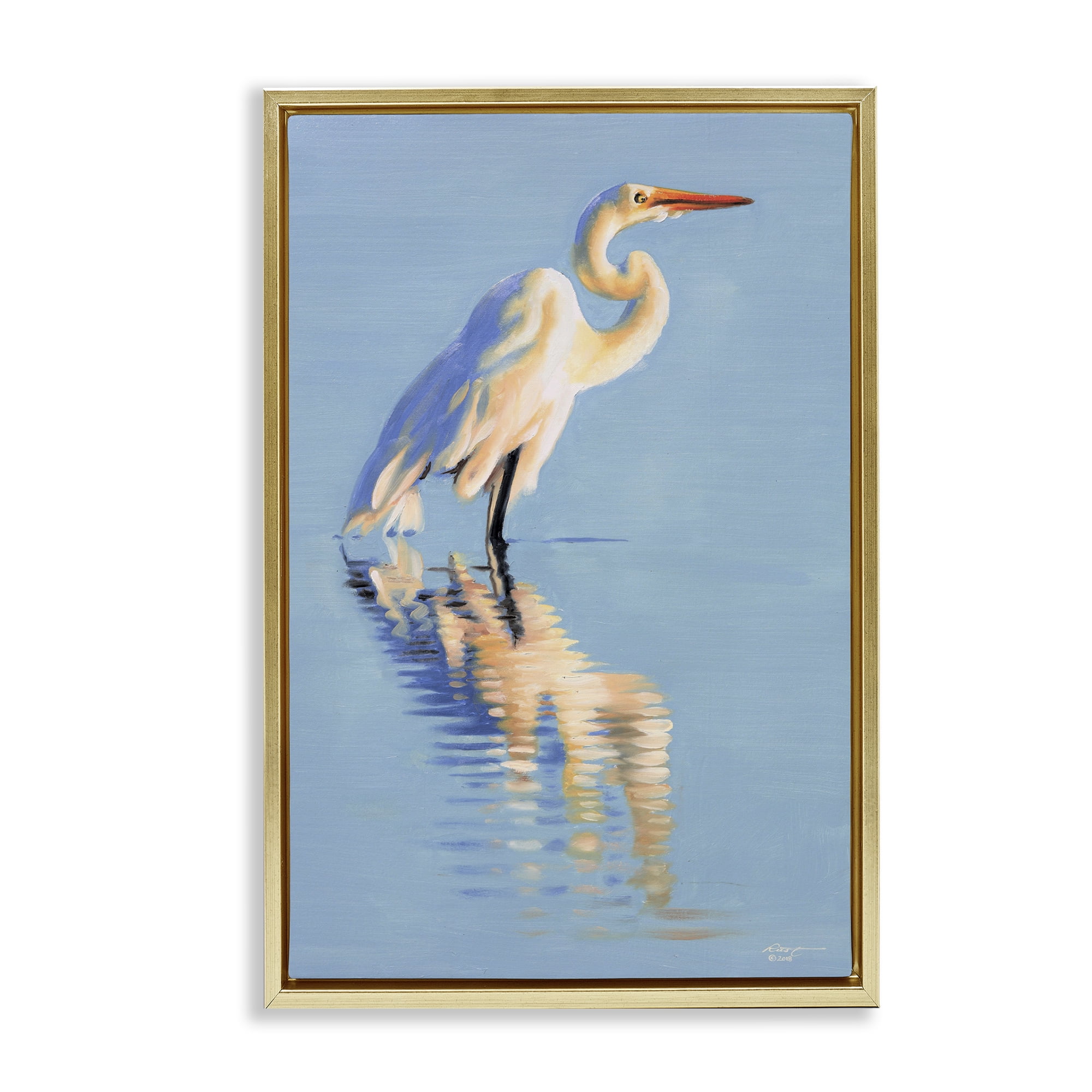 Stupell Industries Blue Egret Reflection Animals & Insects Painting Gold Floater Framed Canvas Art Print Wall Art, 21 x 31