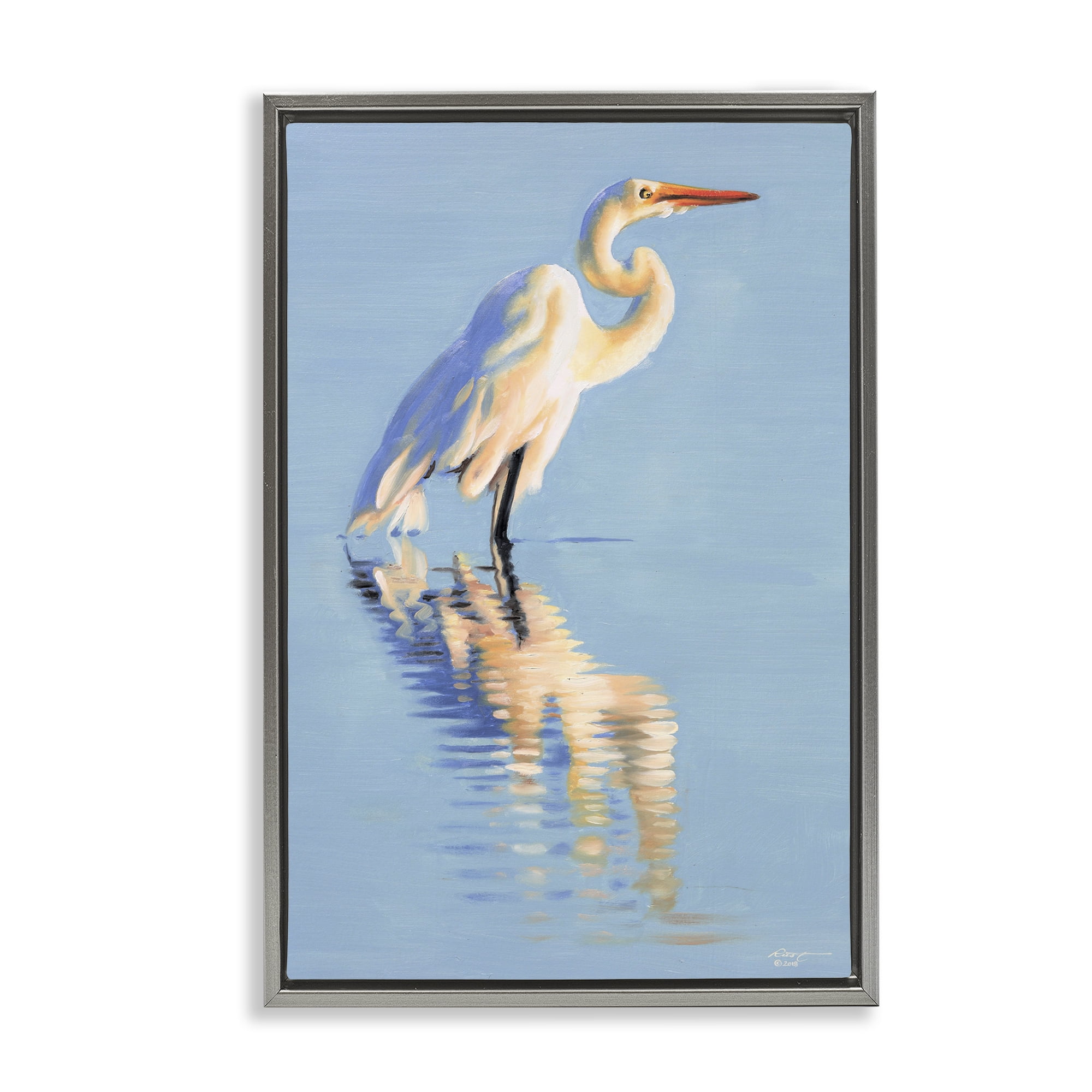 Stupell Industries Blue Egret Reflection Animals & Insects Painting Gray Floater Framed Canvas Art Print Wall Art, 17 x 25