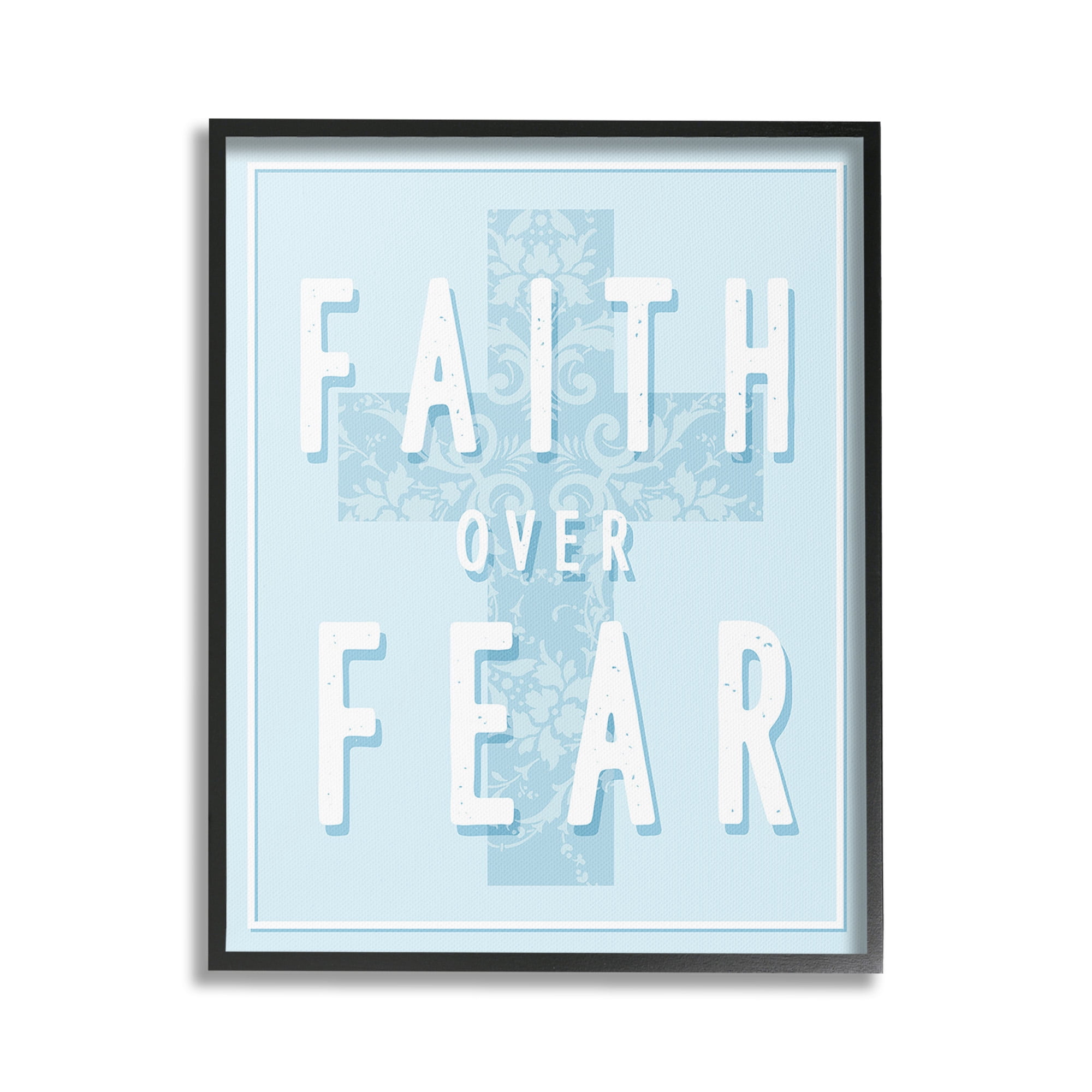 Stupell Industries Blue Faith Over Fear Inspirational Painting Black Framed Art Print Wall Art, 16 x 20