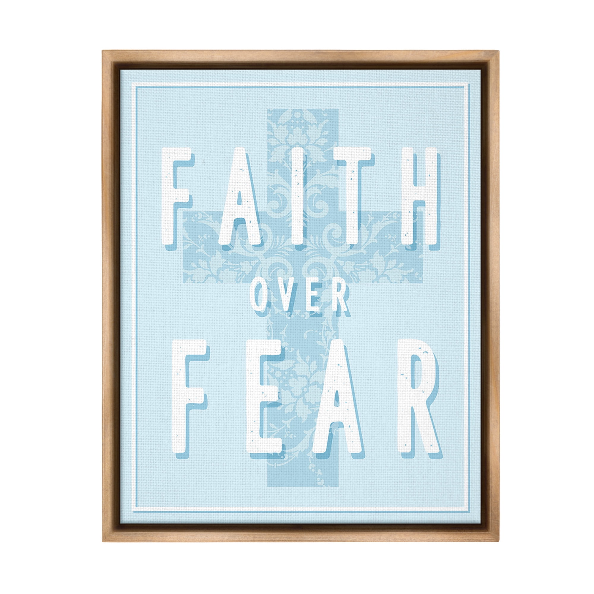 Stupell Industries Blue Faith Over Fear Inspirational Painting Brown Floater Framed Canvas Art Print Wall Art, 25 x 31