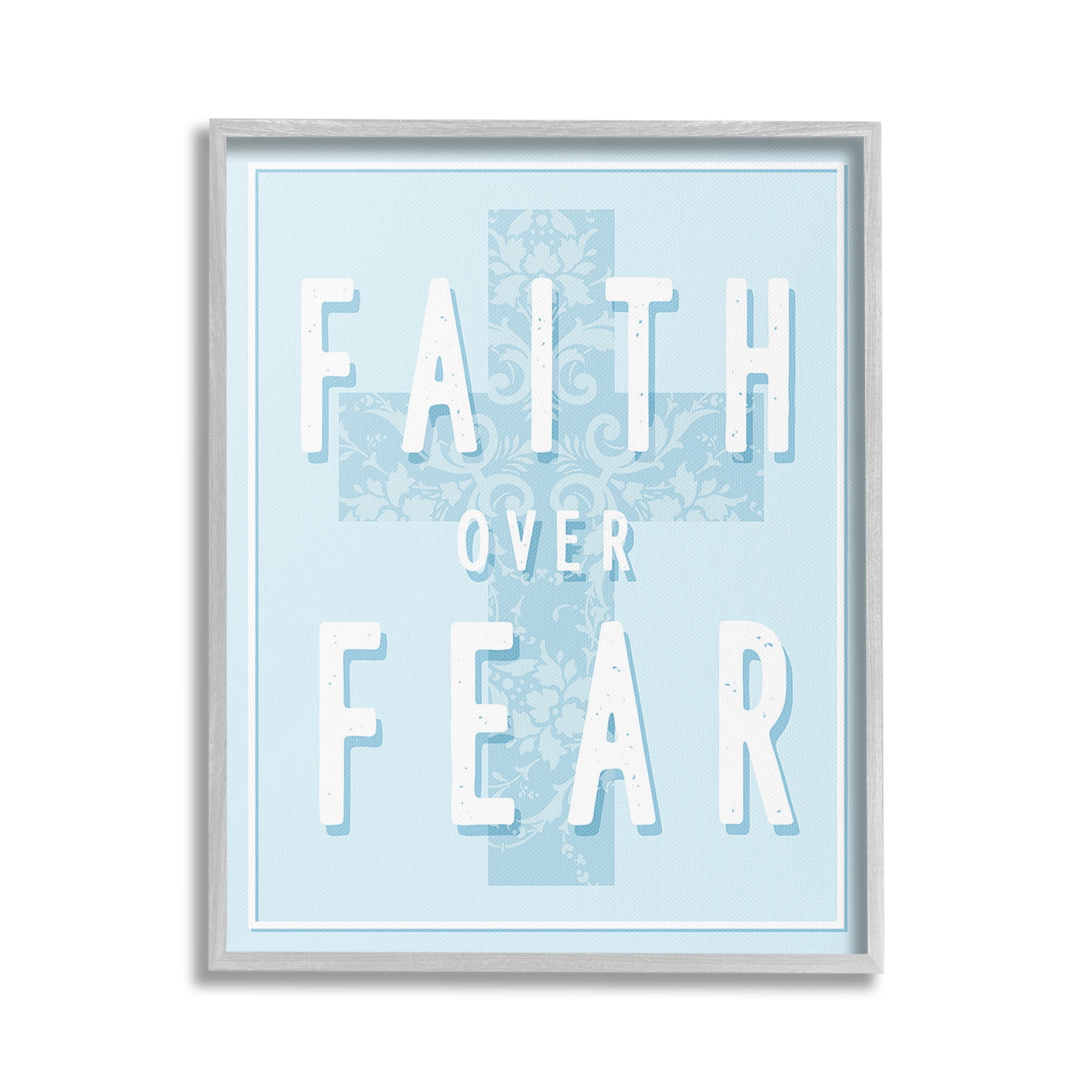 Stupell Industries Blue Faith Over Fear Inspirational Painting Gray Framed Art Print Wall Art, 24 x 30