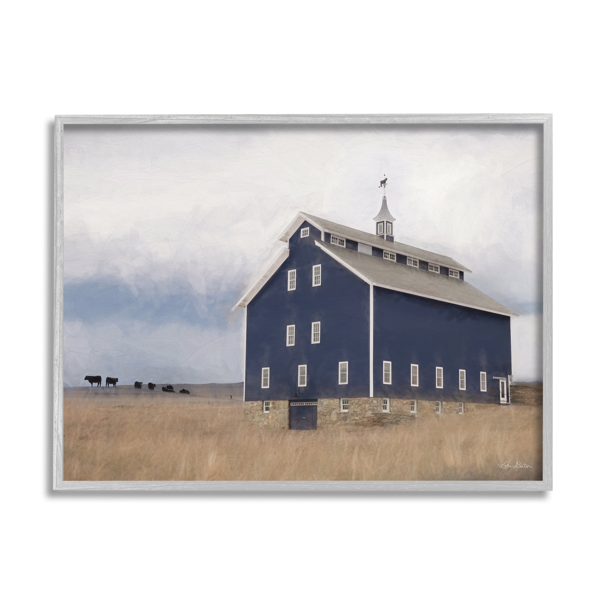Stupell Industries Blue Farm Barn Landscape Animals Grazing Cloudy Sky Paintings Gray Framed Art Print Wall Art, 24x30, by Lori Deiter
