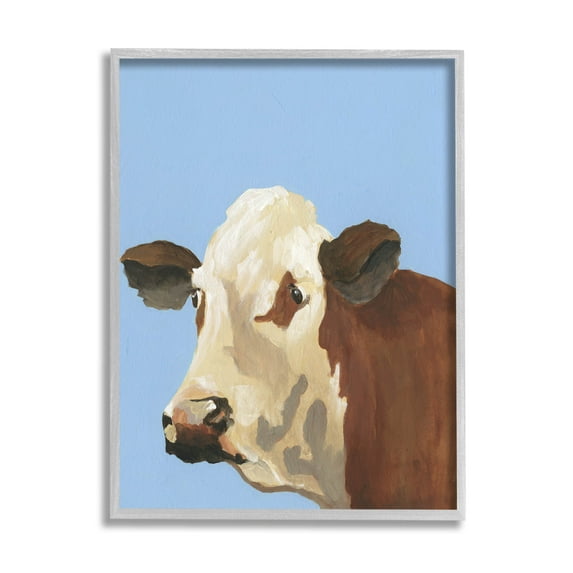 Stupell Industries Blue Farm Cow Portrait Graphic Art Gray Framed Art Print Wall Art, Design by Regina Moore