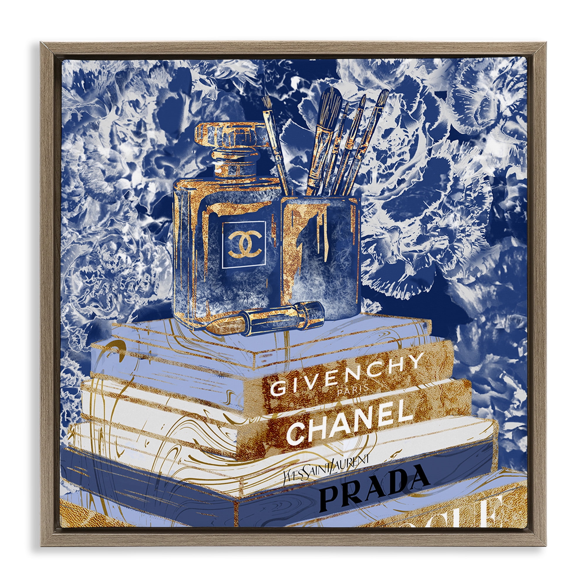Stupell Industries Blue Fashion Book Pile Beauty & Fashion Painting Brown Floater Framed Canvas Art Print Wall Art, 25 x 25