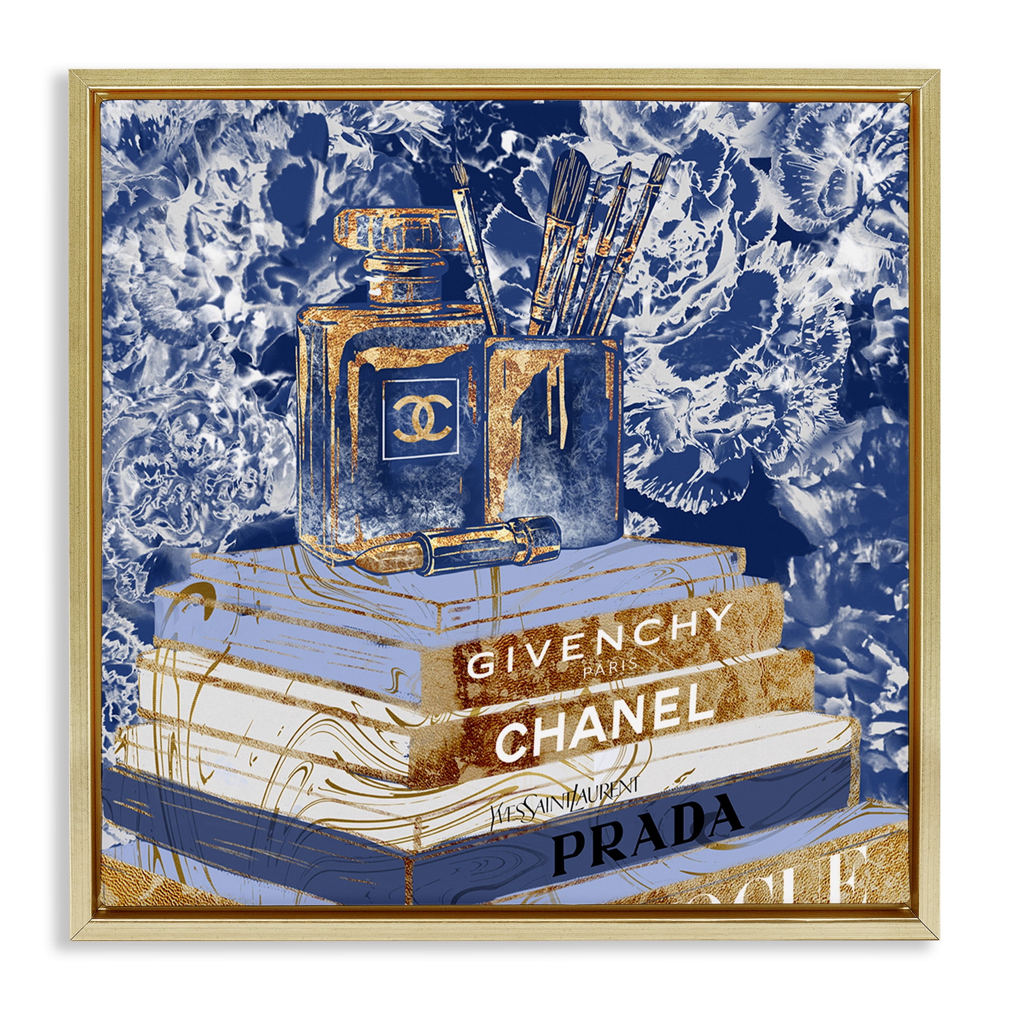 Stupell Industries Blue Fashion Book Pile Beauty & Fashion Painting Gold Floater Framed Canvas Art Print Wall Art, 18 x 18