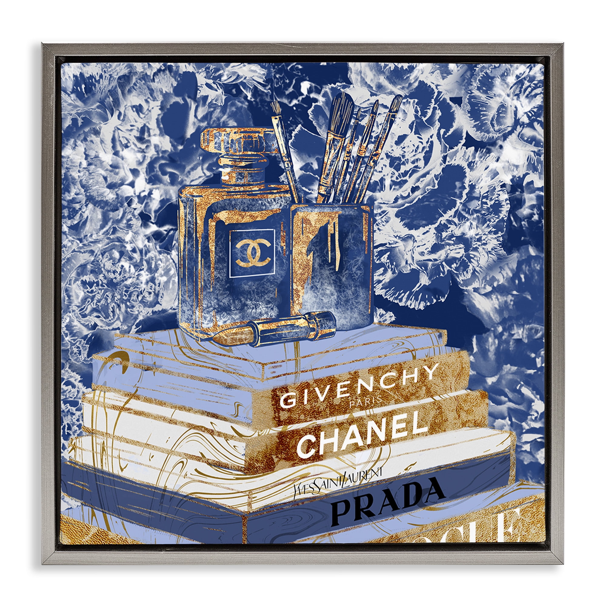 Stupell Industries Blue Fashion Book Pile Beauty & Fashion Painting Gray Floater Framed Canvas Art Print Wall Art, 18 x 18
