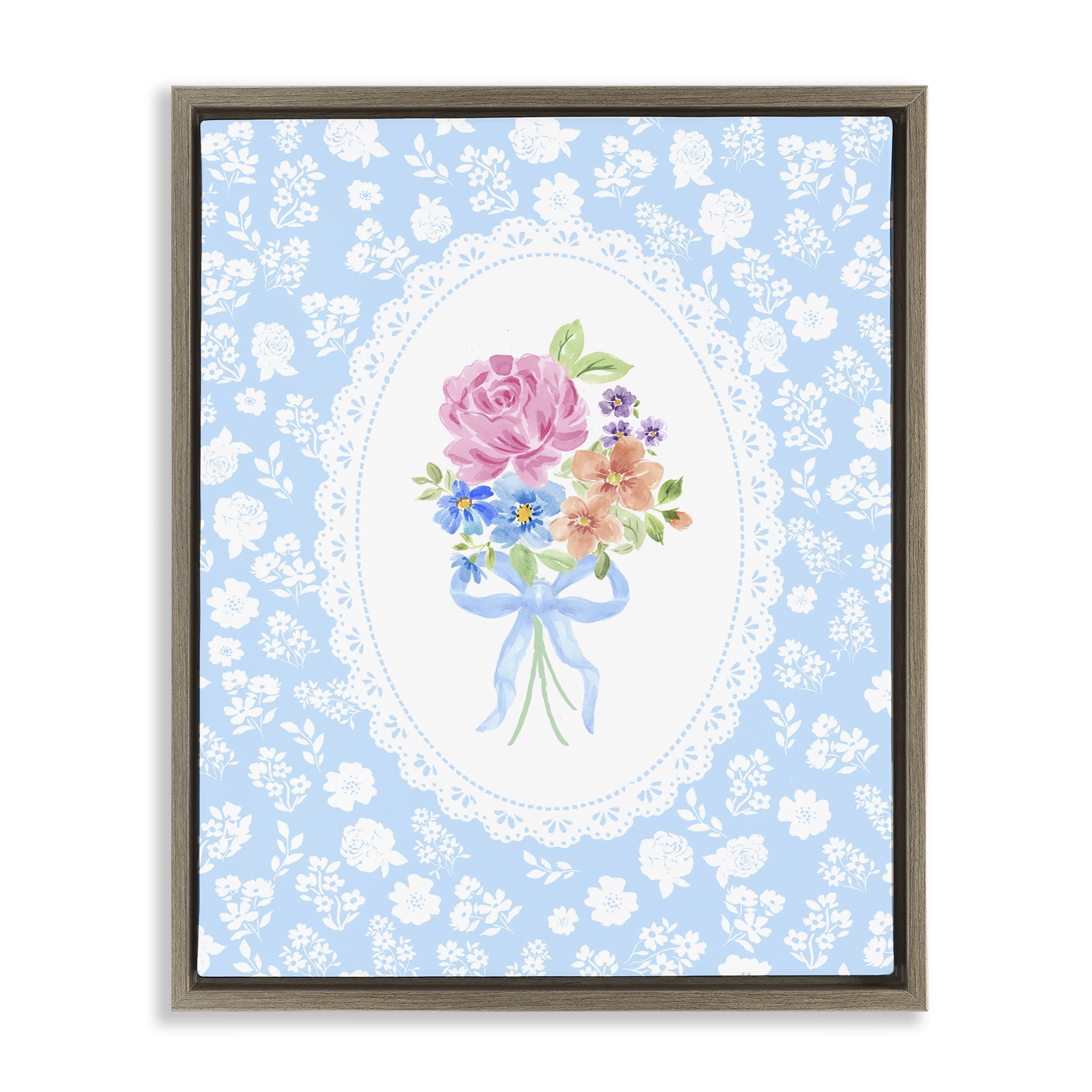 Stupell Industries Blue Feminine Bouquet Brown Framed Floater Canvas Wall Art, design by Corinne Haig