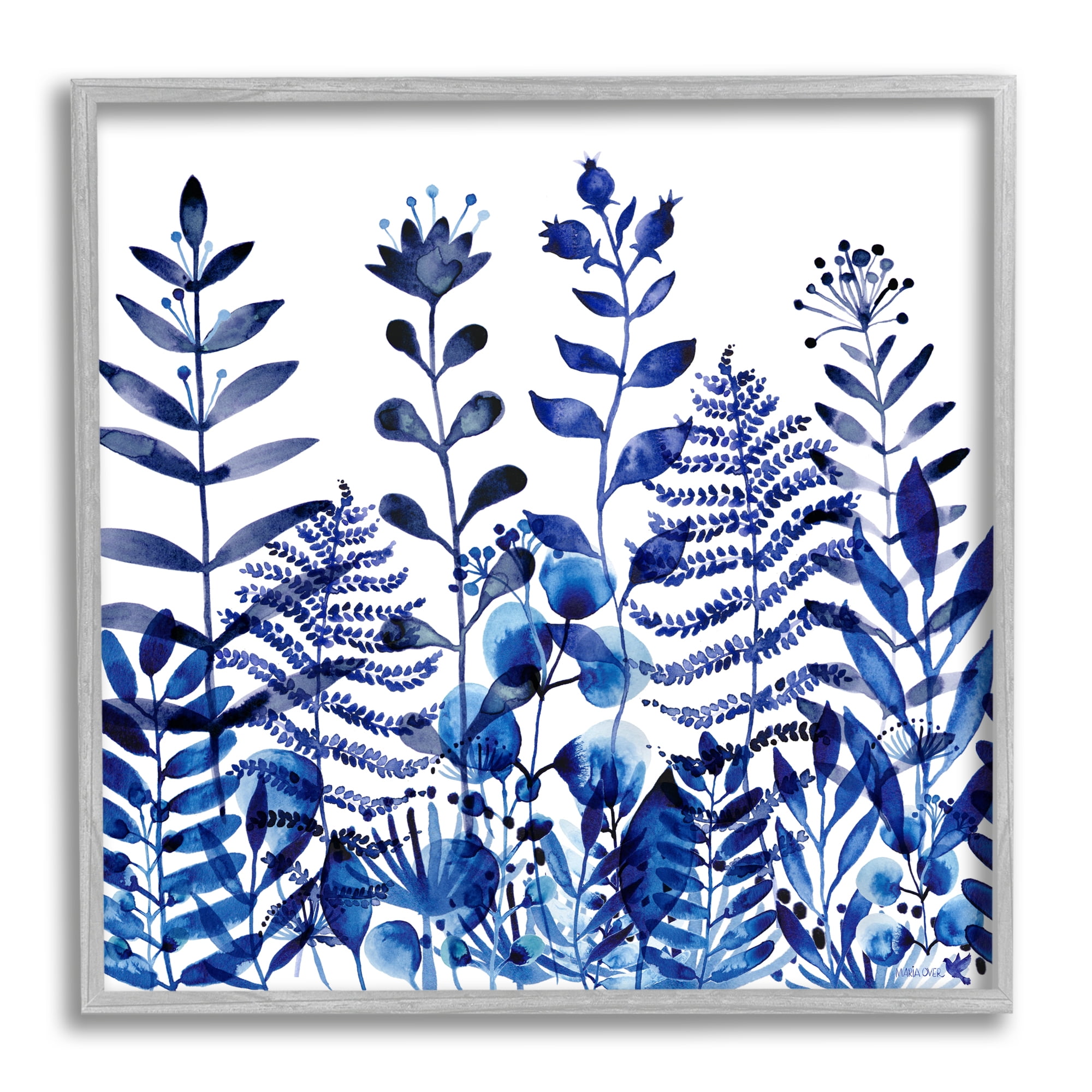 Blue Fern Sprouts Nature Plants Botanical Canvas Print with Gray Frame