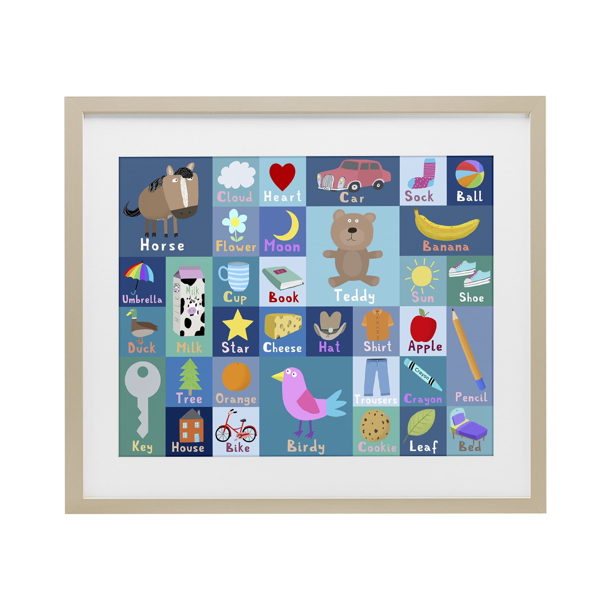 Stupell Industries Blue First Words Birch Framed Print Under Glass, design by Carla Daly