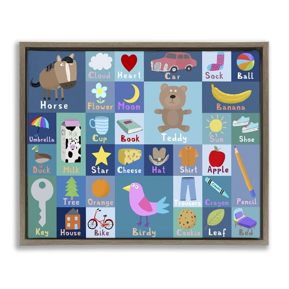 Stupell Industries Blue First Words Brown Framed Floater Canvas Wall Art, design by Carla Daly