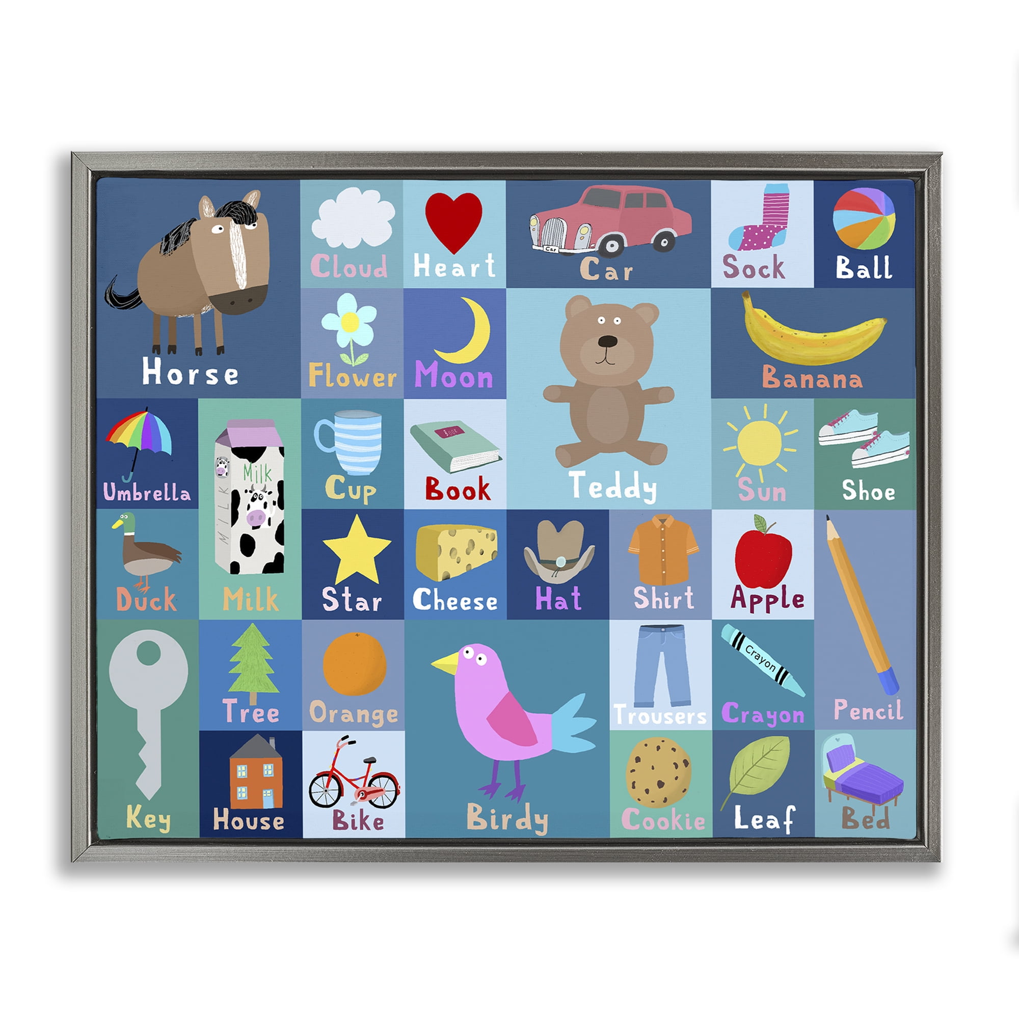 Stupell Industries Blue First Words Gray Framed Floater Canvas Wall Art, design by Carla Daly