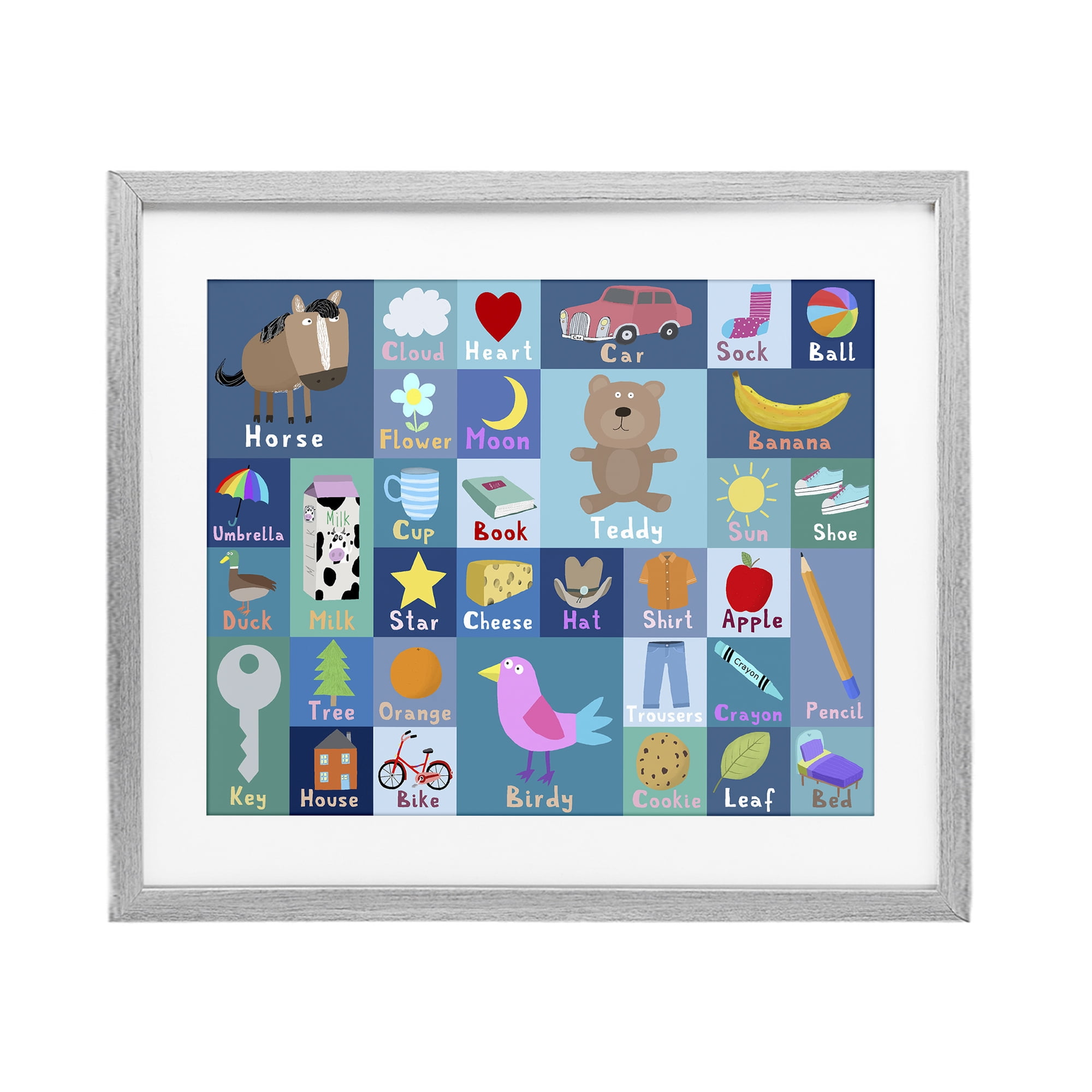 Stupell Industries Blue First Words Gray Framed Print Under Glass, design by Carla Daly
