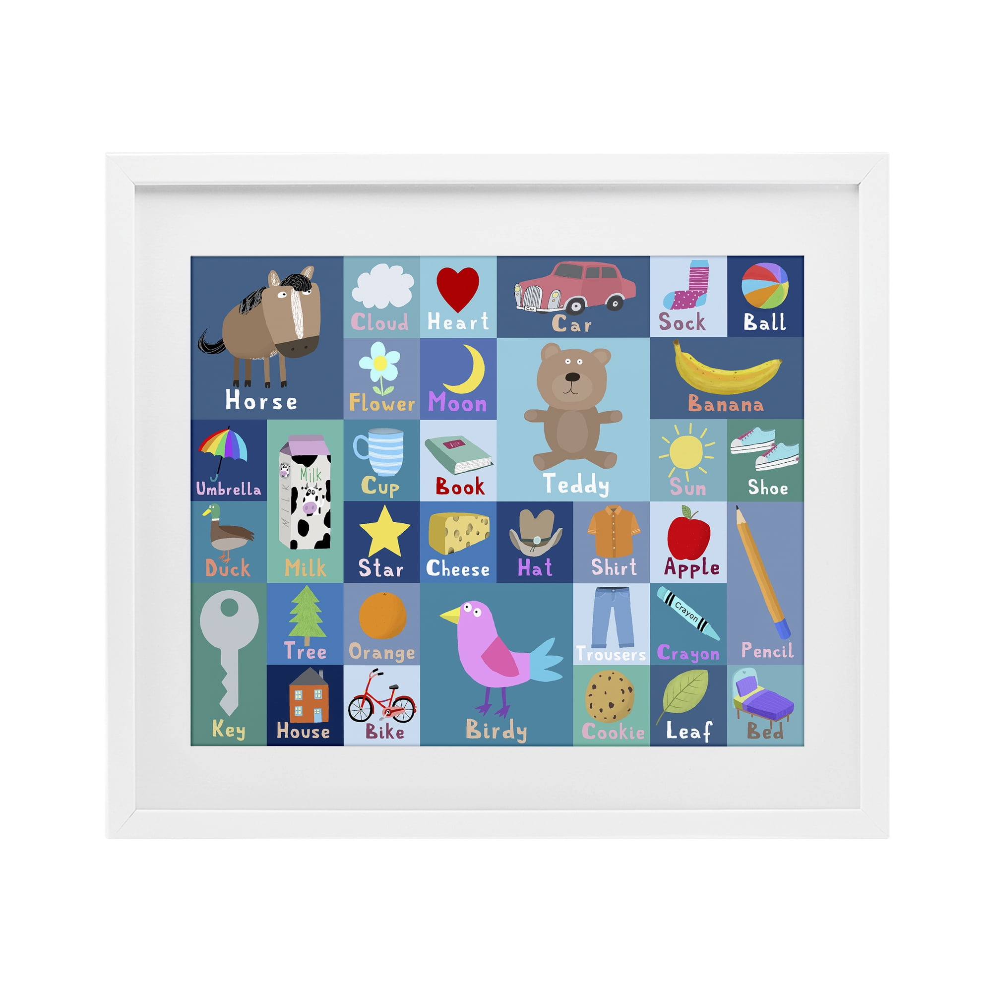 Stupell Industries Blue First Words White Framed Print Under Glass, design by Carla Daly