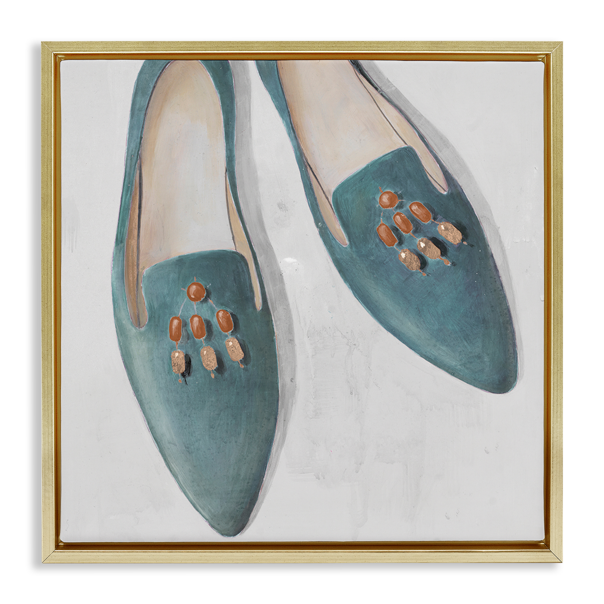Stupell Industries Blue Flats with Beads Fashion Painting Gold Floater Framed Canvas Art Print Wall Art, 25 x 25