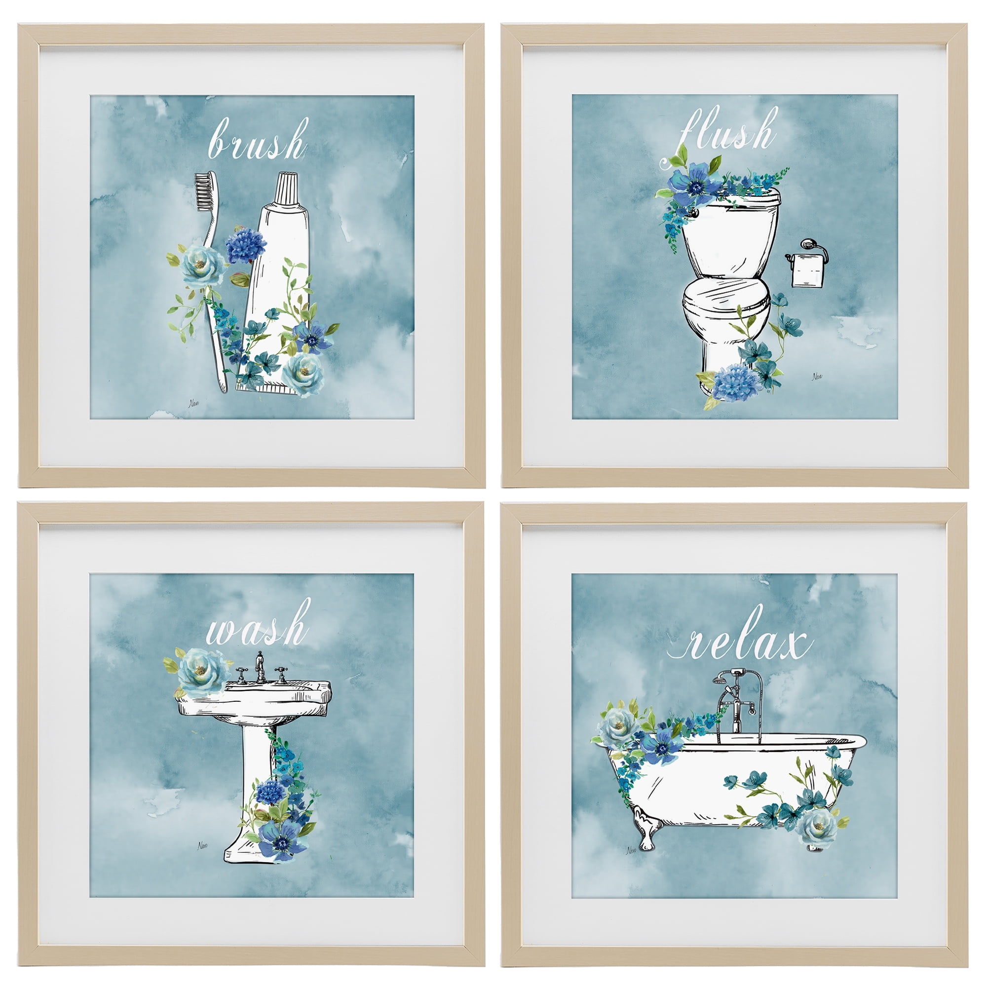 Stupell Industries Blue Floral Bathroom Rules 4 Piece Birch Framed Print Under Glass Set, design by Nan