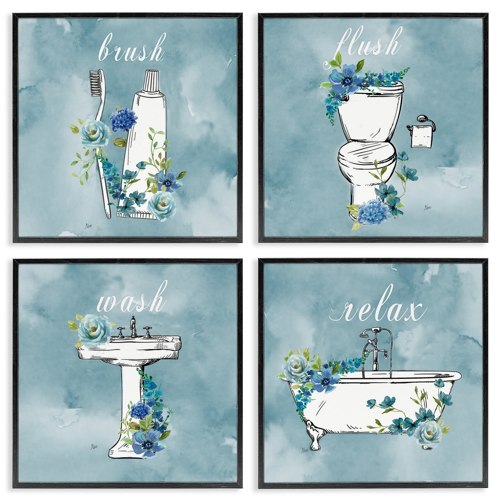 Stupell Industries Blue Floral Bathroom Rules 4 Piece Black Framed Giclee Art Set, design by Nan