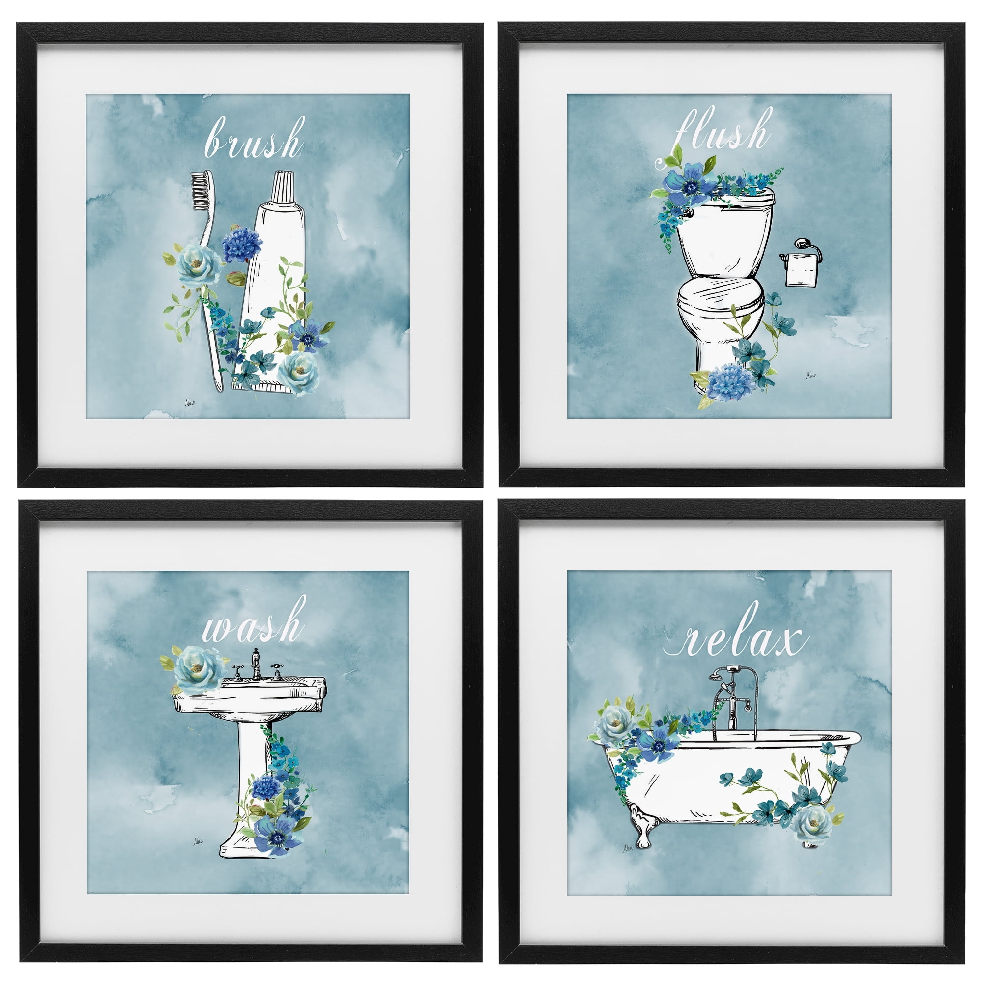 Stupell Industries Blue Floral Bathroom Rules 4 Piece Black Framed Print Under Glass Set, design by Nan
