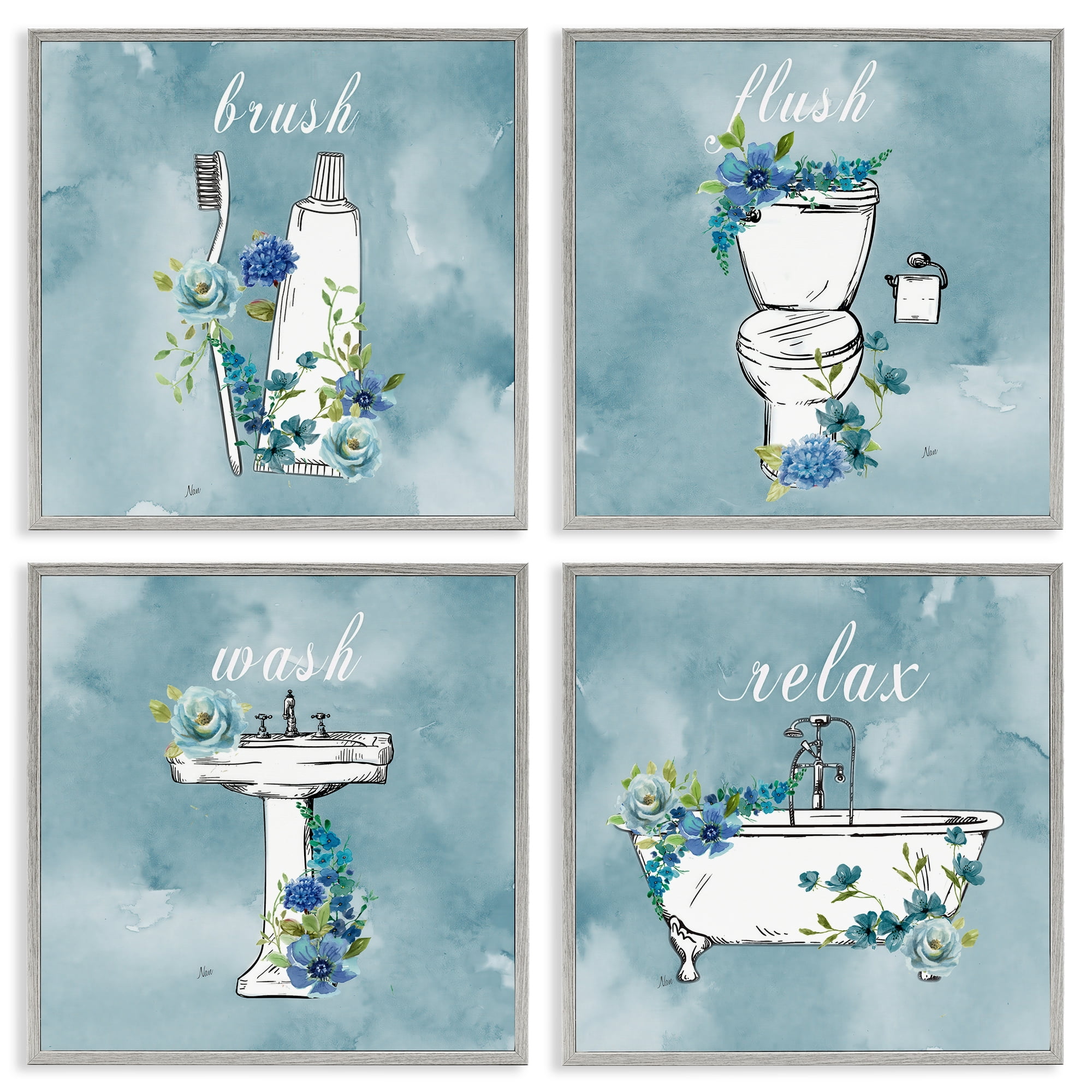 Stupell Industries Blue Floral Bathroom Rules 4 Piece Gray Framed Giclee Art Set, design by Nan