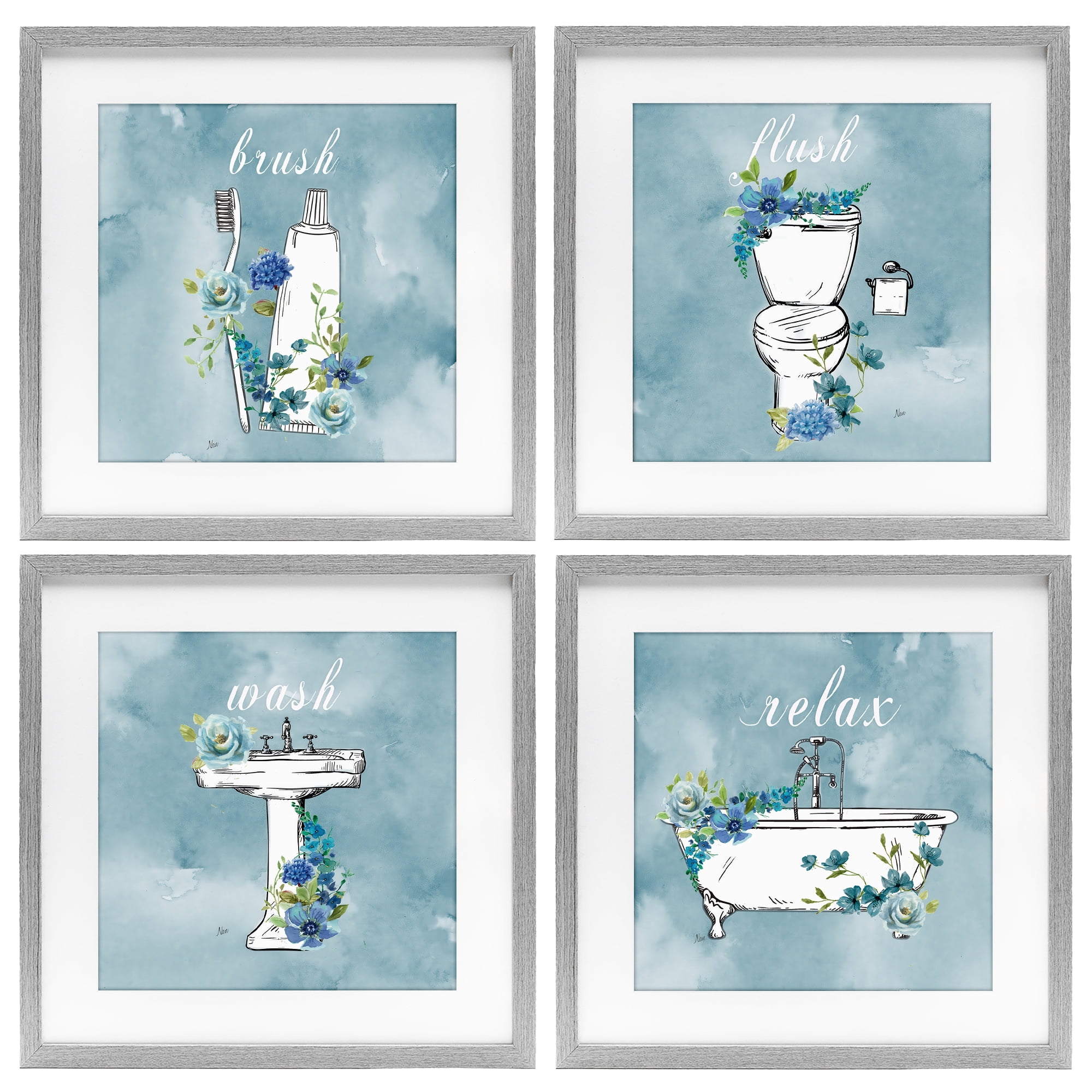 Stupell Industries Blue Floral Bathroom Rules 4 Piece Gray Framed Print Under Glass Set, design by Nan