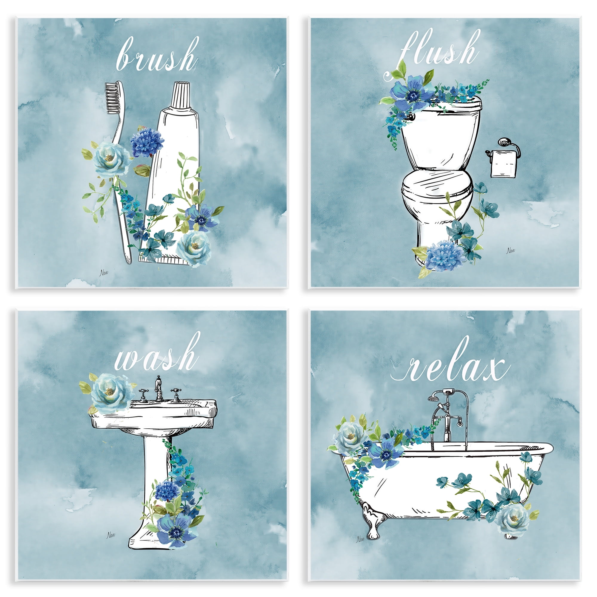 Stupell Industries Blue Floral Bathroom Rules 4 Piece Wall Plaque Art Set, design by Nan