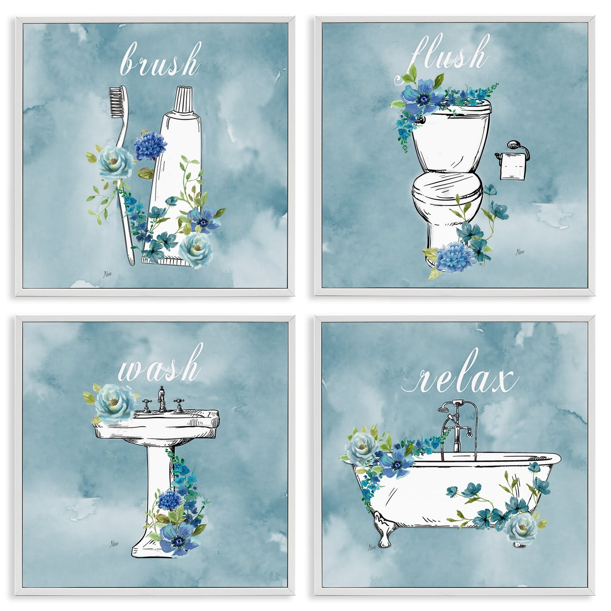 Stupell Industries Blue Floral Bathroom Rules 4 Piece White Framed Giclee Art Set, design by Nan