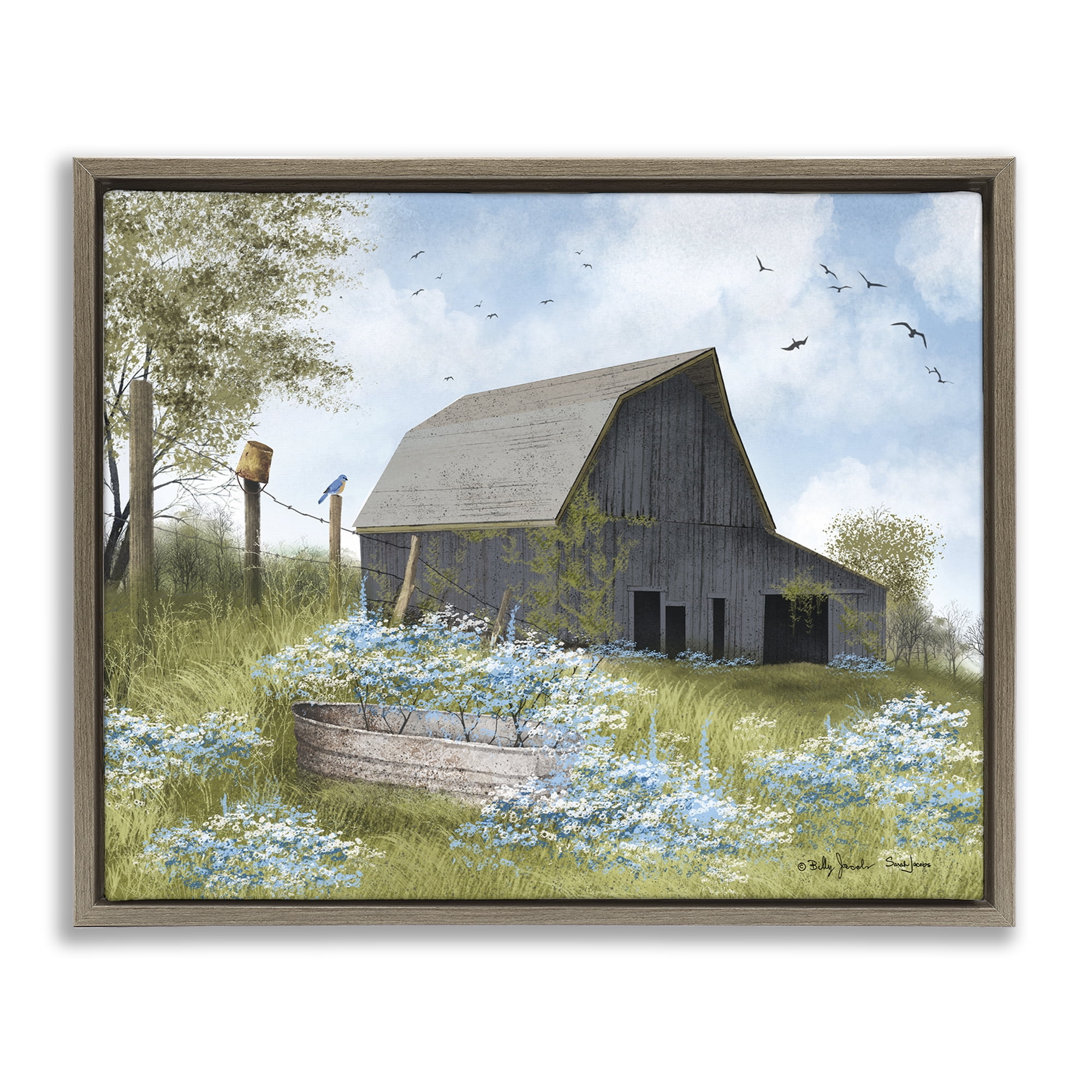 Stupell Industries Blue Floral Country Garden Landscape & Nature Painting Brown Floater Framed Canvas Art Print Wall Art, 21 x 17