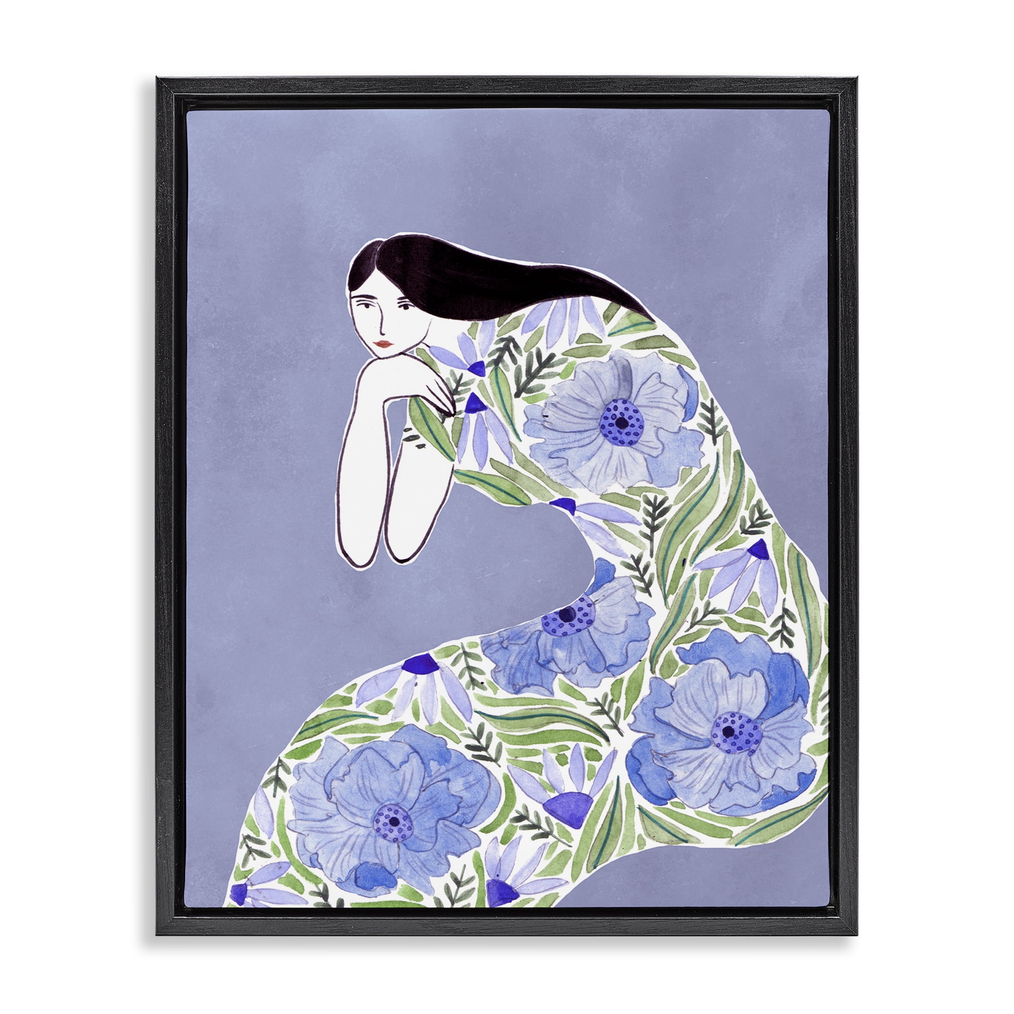 Stupell Industries Blue Floral Dress People Painting Black Floater Framed Canvas Art Print Wall Art, 25 x 31
