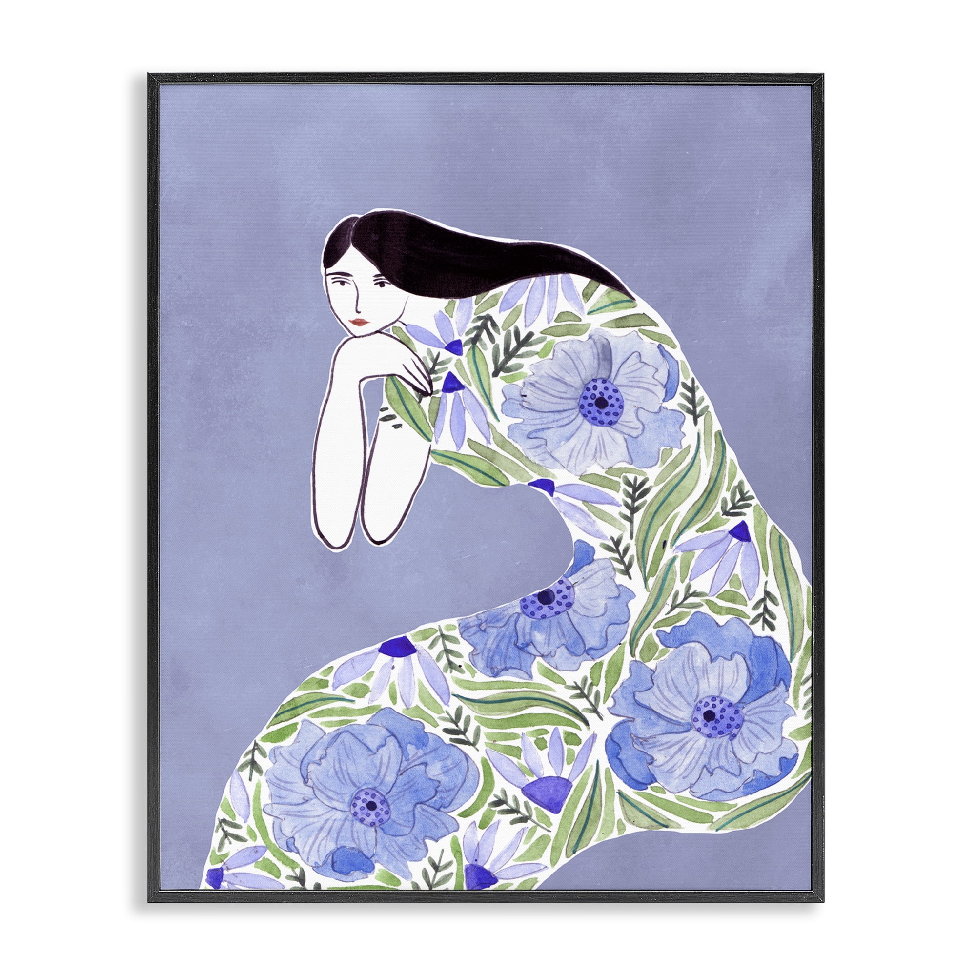 Stupell Industries Blue Floral Dress People Painting Black Framed Art Print Wall Art, 16 x 20