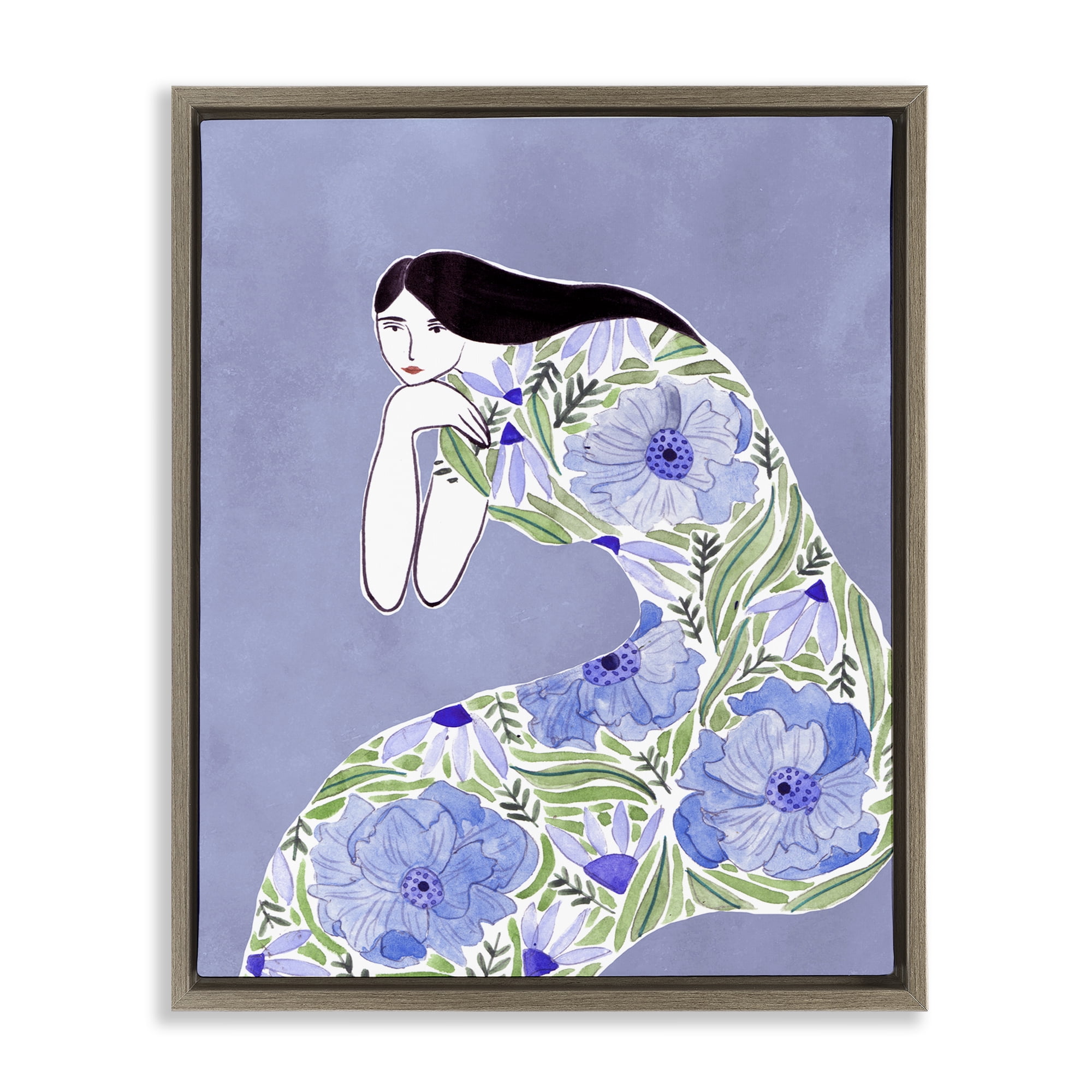 Stupell Industries Blue Floral Dress People Painting Brown Floater Framed Canvas Art Print Wall Art, 17 x 21