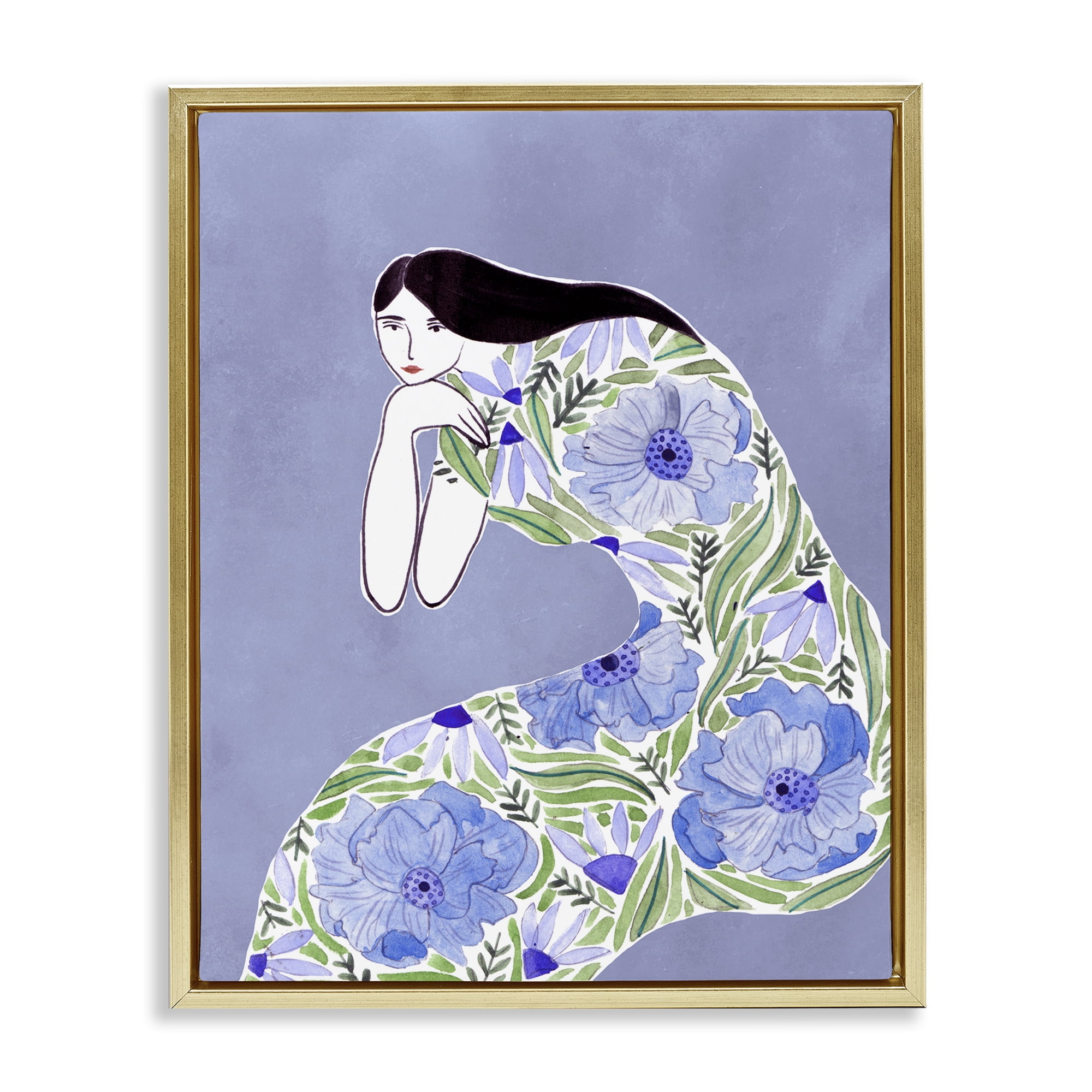 Stupell Industries Blue Floral Dress People Painting Gold Floater Framed Canvas Art Print Wall Art, 25 x 31