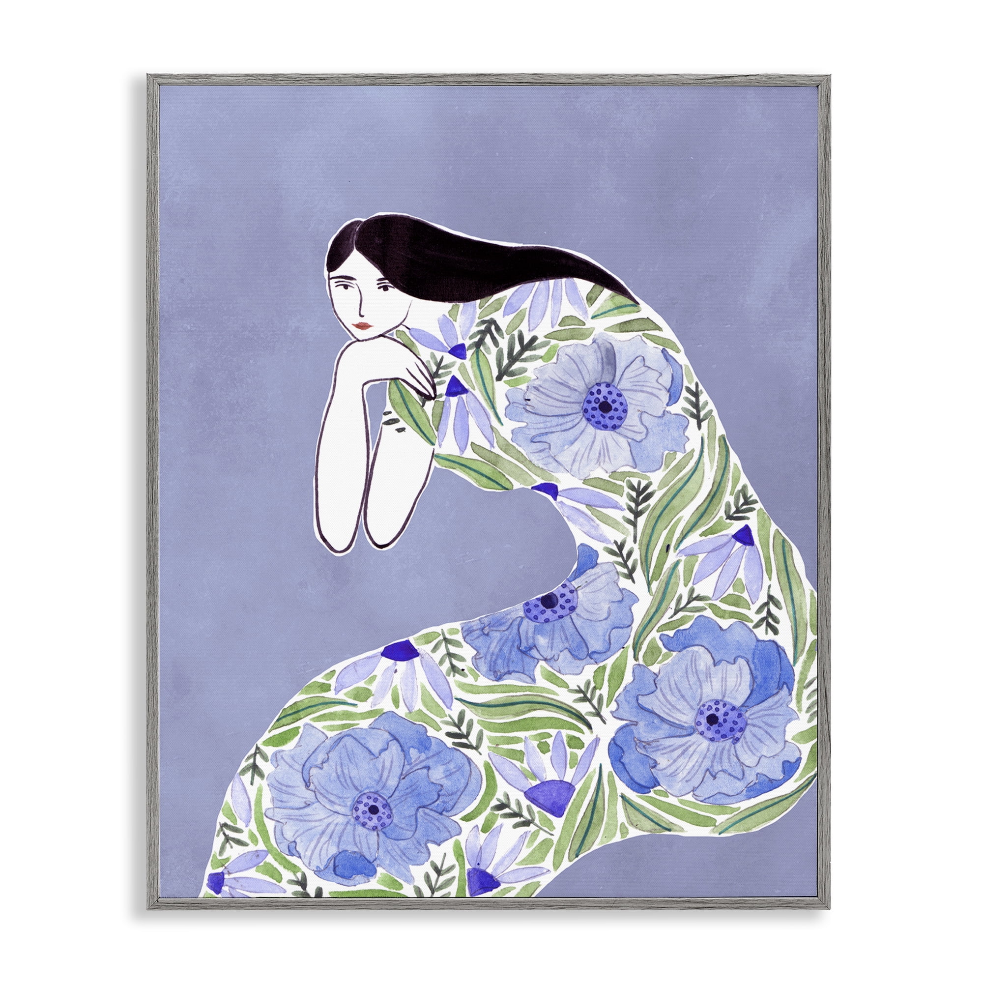 Stupell Industries Blue Floral Dress People Painting Gray Framed Art Print Wall Art, 16 x 20