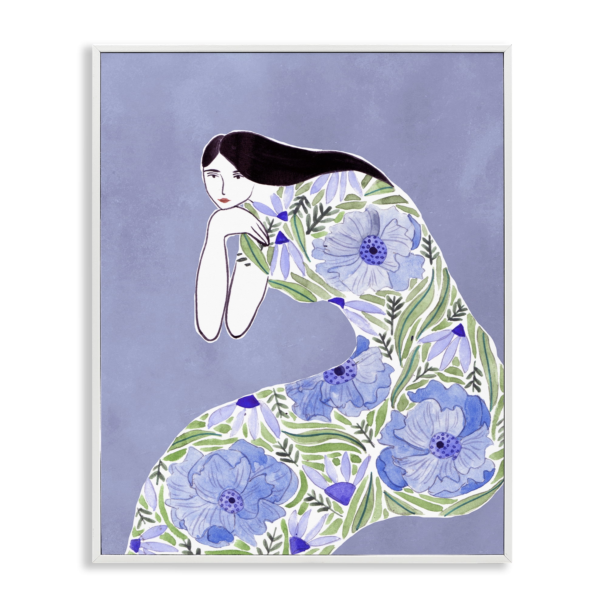 Stupell Industries Blue Floral Dress People Painting White Framed Art Print Wall Art, 16 x 20
