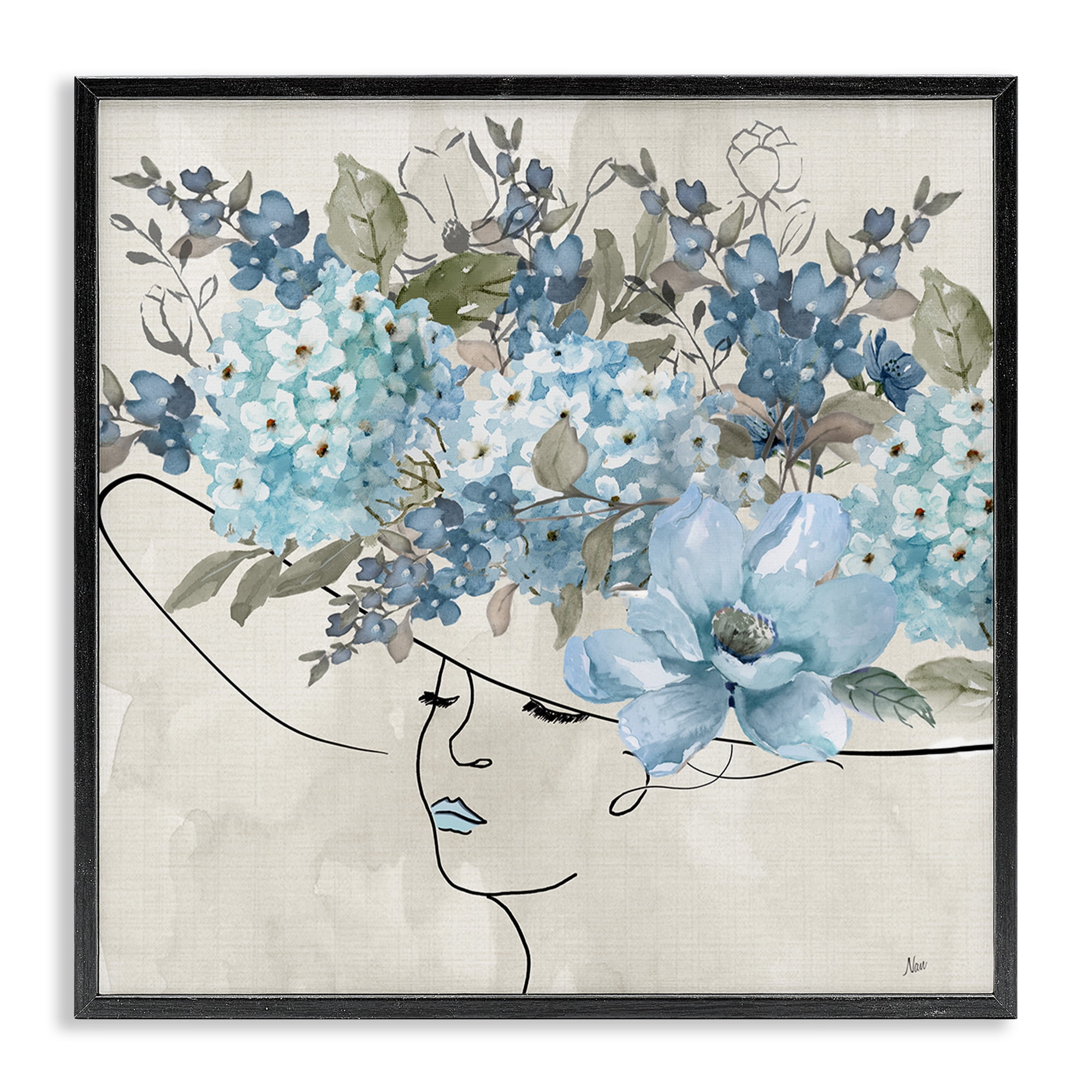 Stupell Industries Blue Floral Hat Botanical & Floral Painting Black Framed Art Print Wall Art, 12 x 12