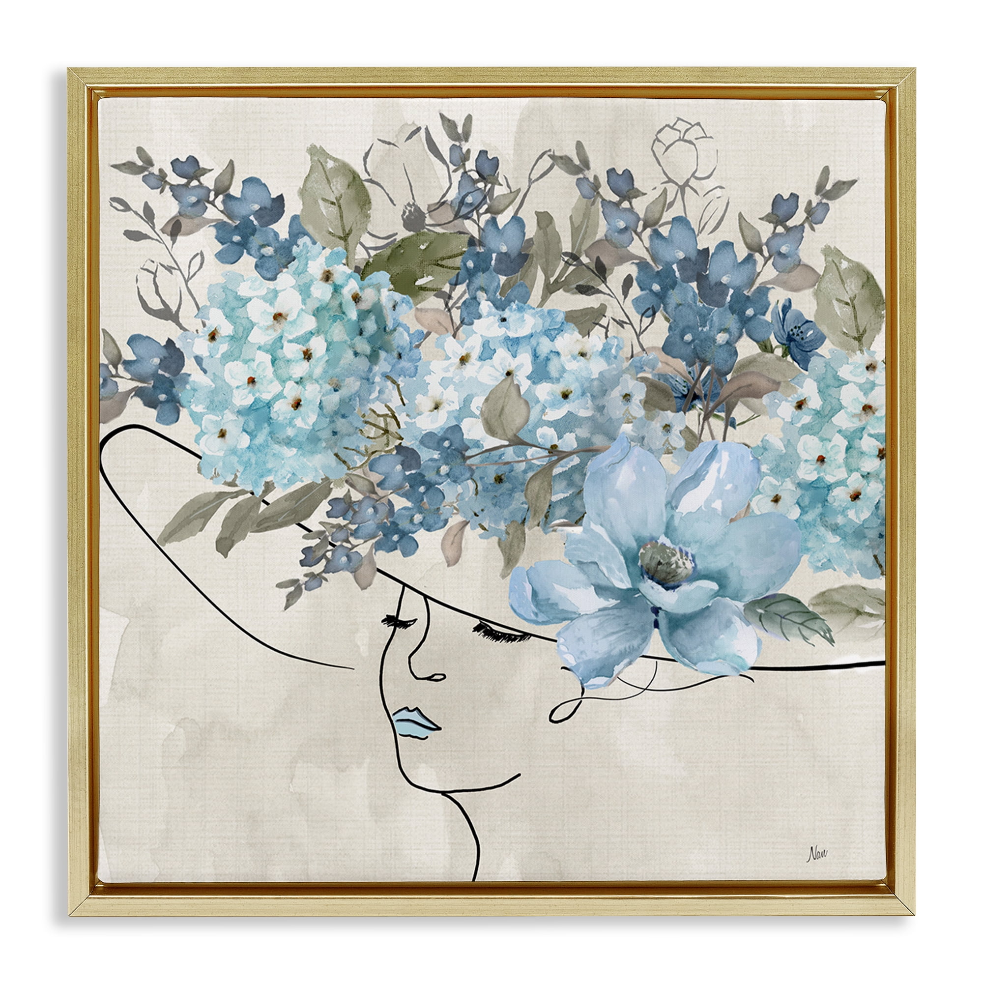 Stupell Industries Blue Floral Hat Botanical & Floral Painting Gold Floater Framed Art Print Wall Art, 25 x 25