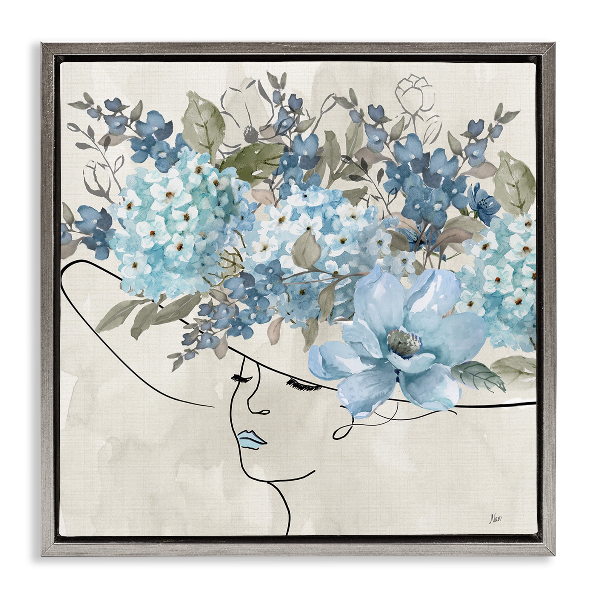 Stupell Industries Blue Floral Hat Botanical & Floral Painting Gray Floater Framed Art Print Wall Art, 18 x 18