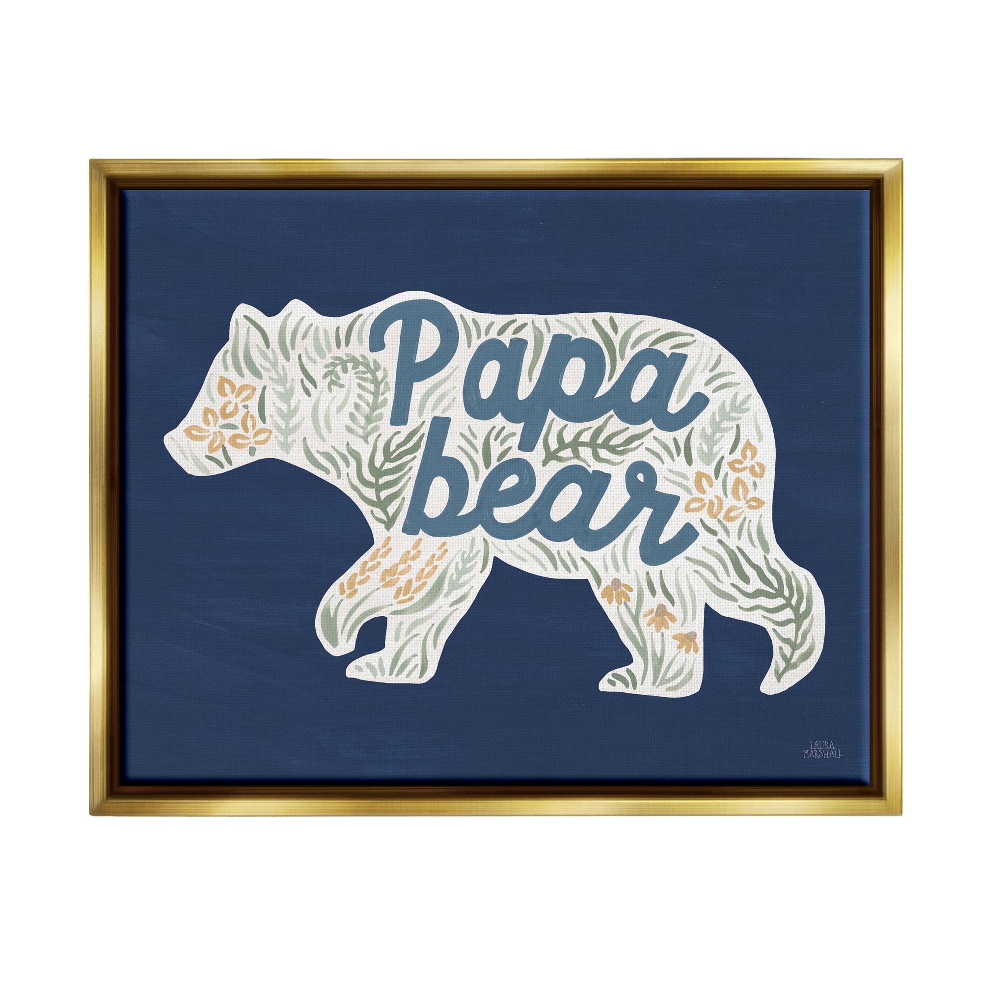 Stupell Industries Blue Floral Papa Bear Botanical & Floral Painting Gold Floater Framed Art Print Wall Art, 21 x 17