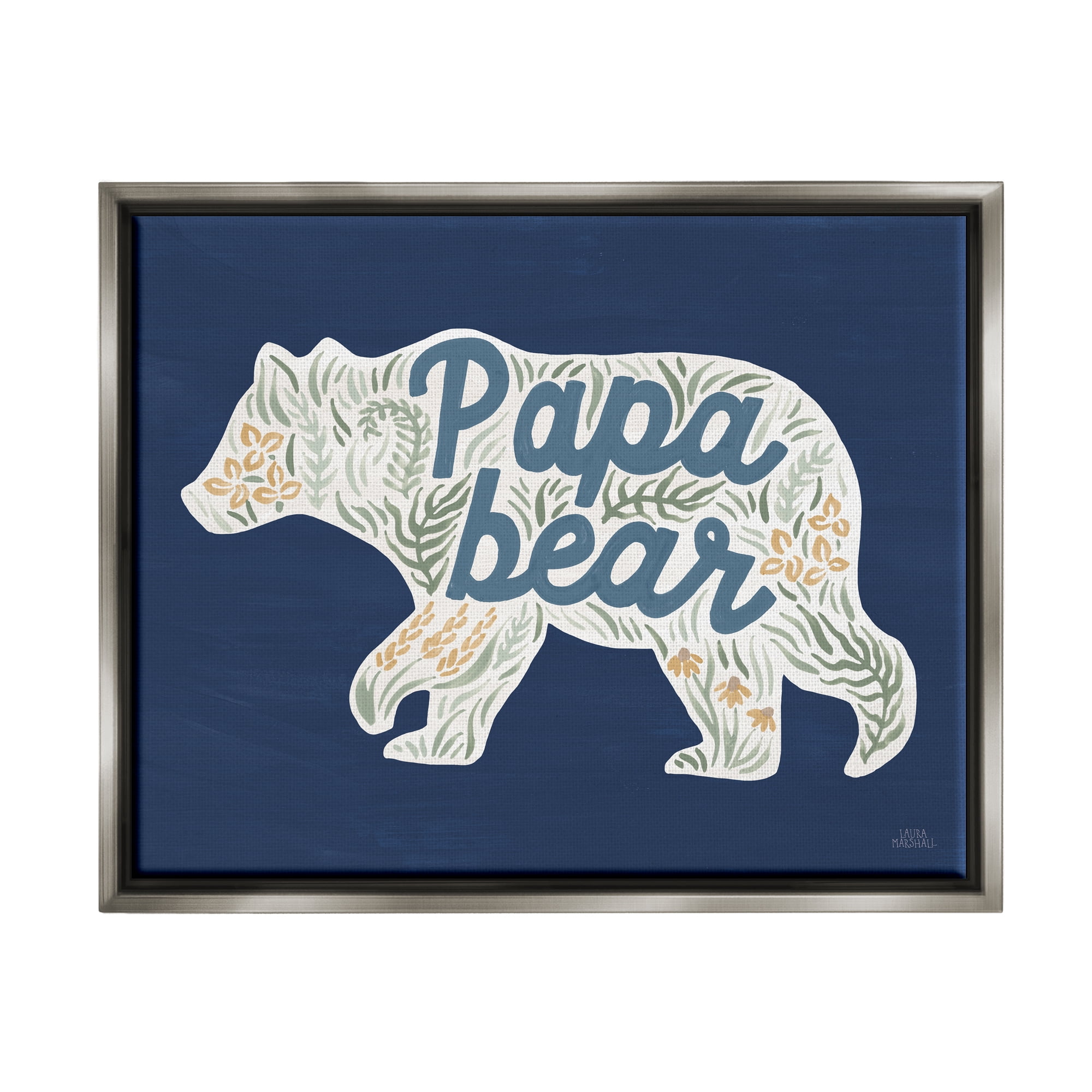 Stupell Industries Blue Floral Papa Bear Botanical & Floral Painting Gray Floater Framed Art Print Wall Art, 21 x 17
