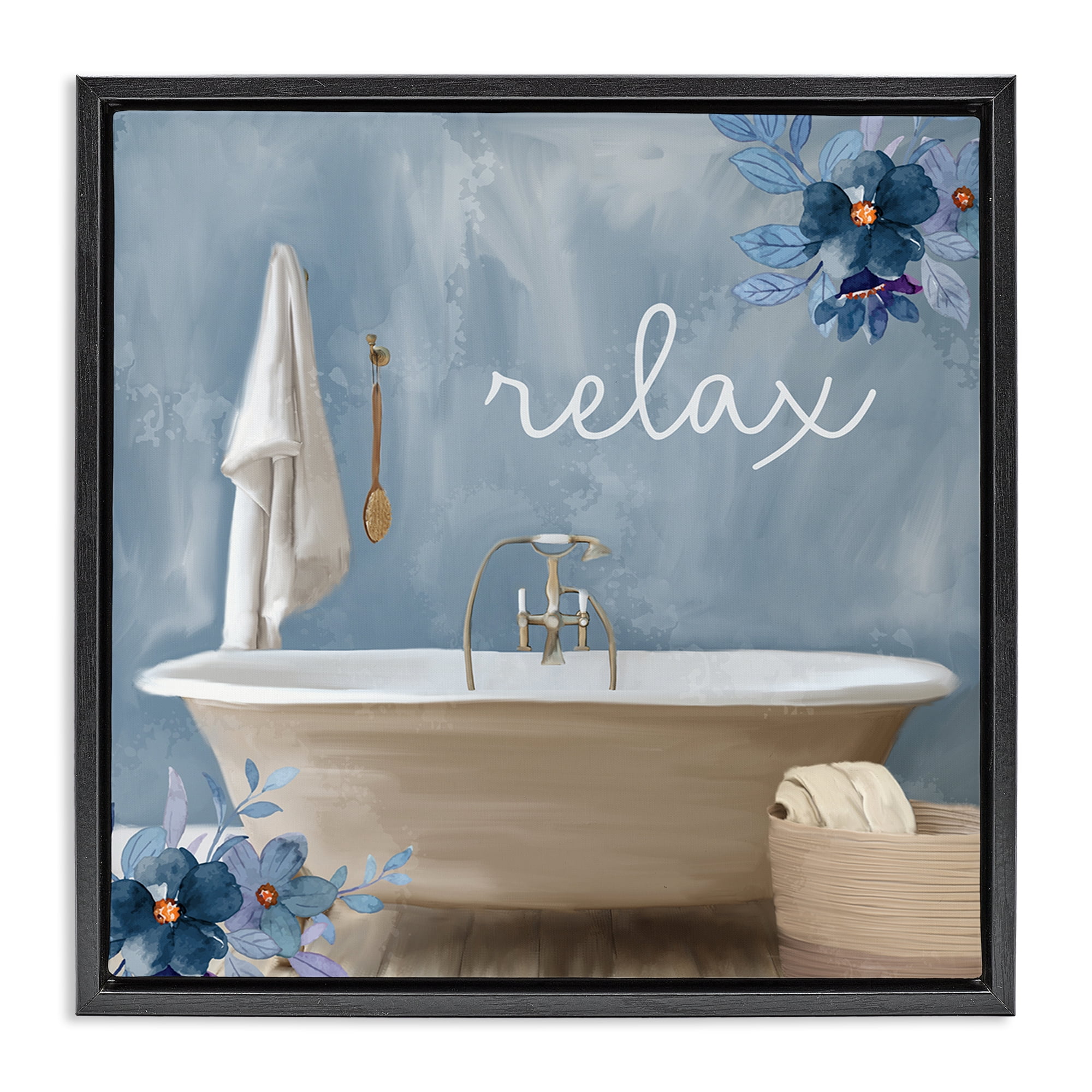 Blue Floral Relax Bathroom Scene Black Floating Frame Canvas Art, 25 x 25