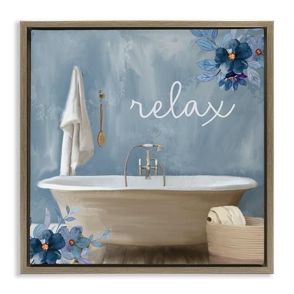 Blue Floral Relax Bathroom Scene Brown Floating Frame Canvas Art, 25 x 25, Made In USA