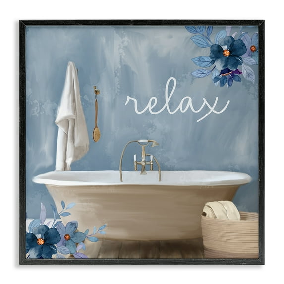 Blue Floral Relax Bathroom Scene Black Framed Giclee Art, 17 x 17, Made In USA
