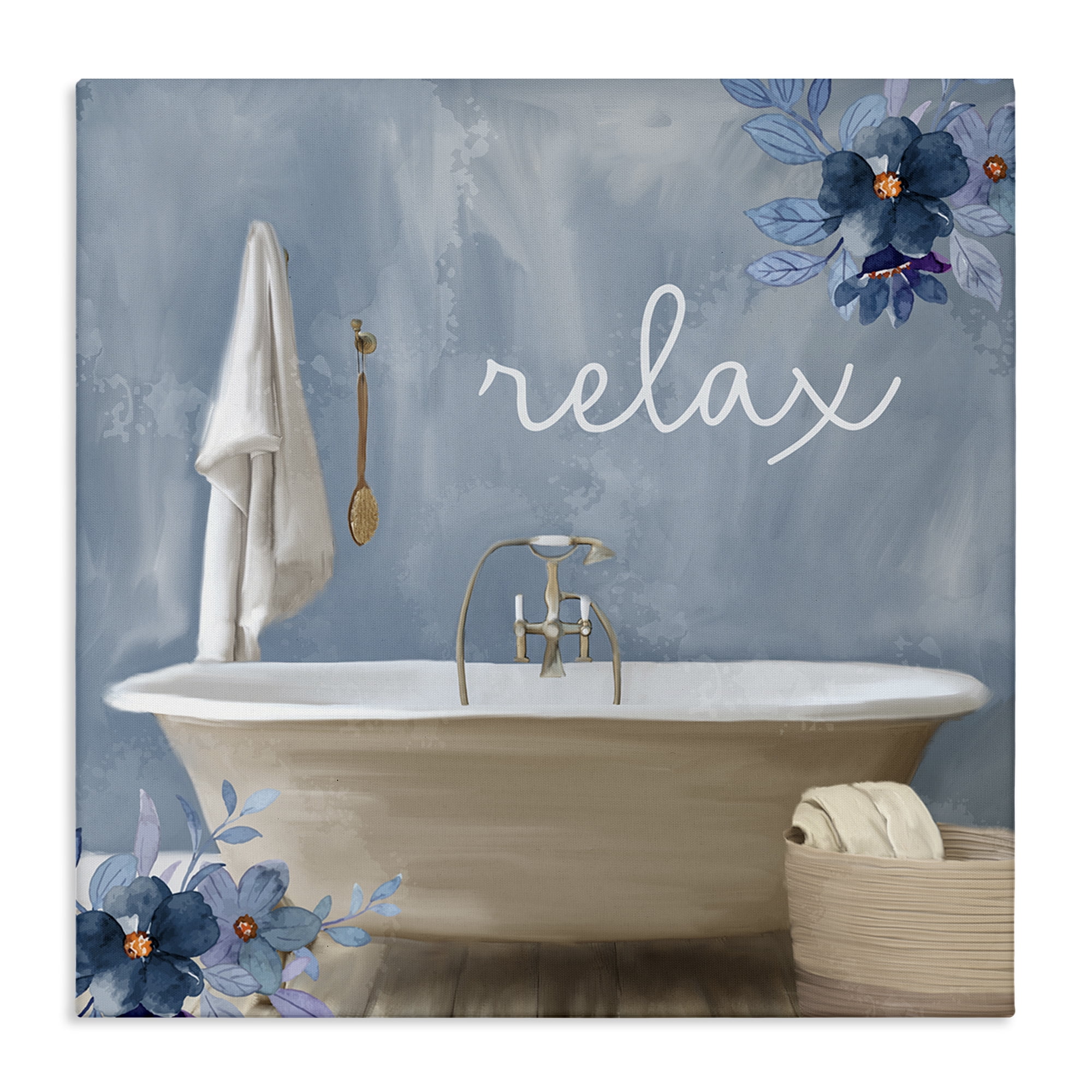 Blue Floral Relax Bathroom Scene Canvas Art, 17 x 17