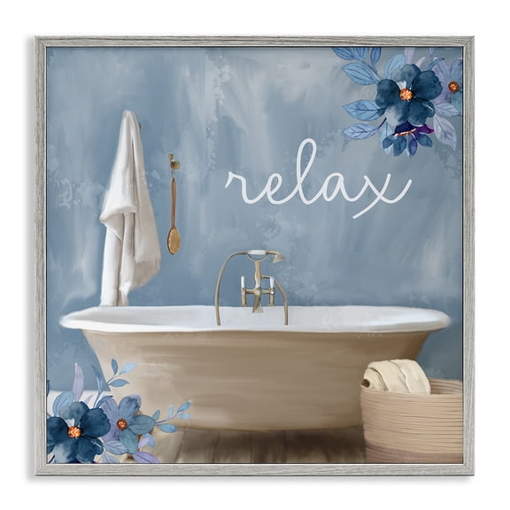 Blue Floral Relax Bathroom Scene Gray Framed Giclee Art, 12 x 12