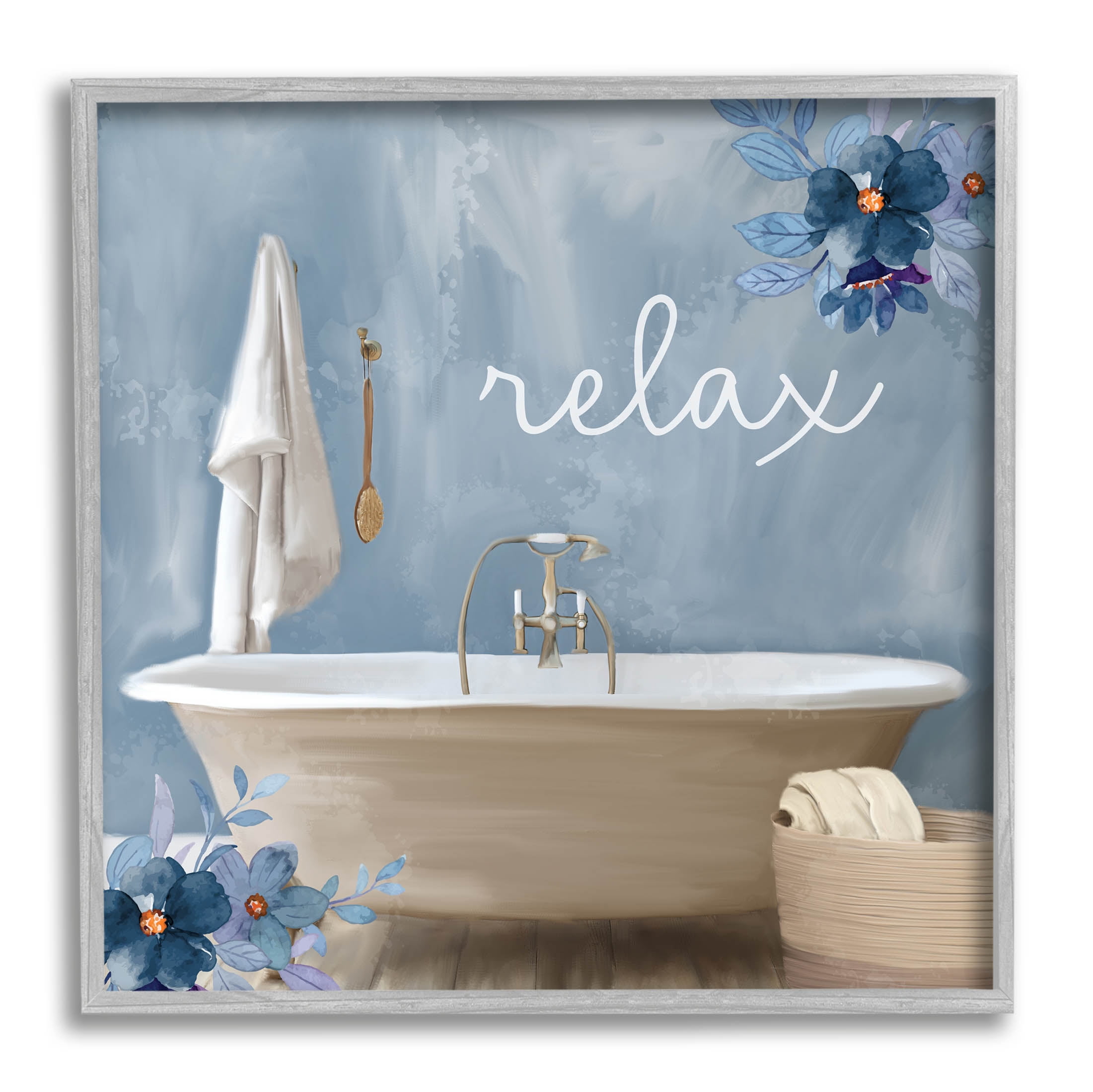 Blue Floral Relax Bathroom Scene Canvas Print with Gray Frame